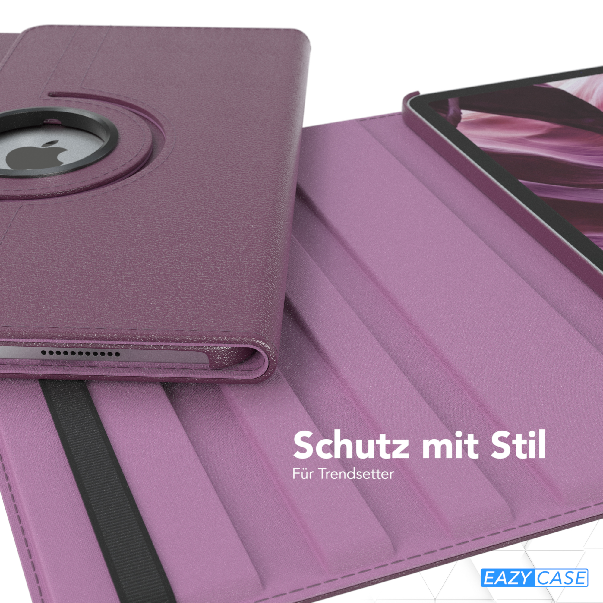 Lila Tablethülle mit Tablet, Apple-Logo sichtbar.