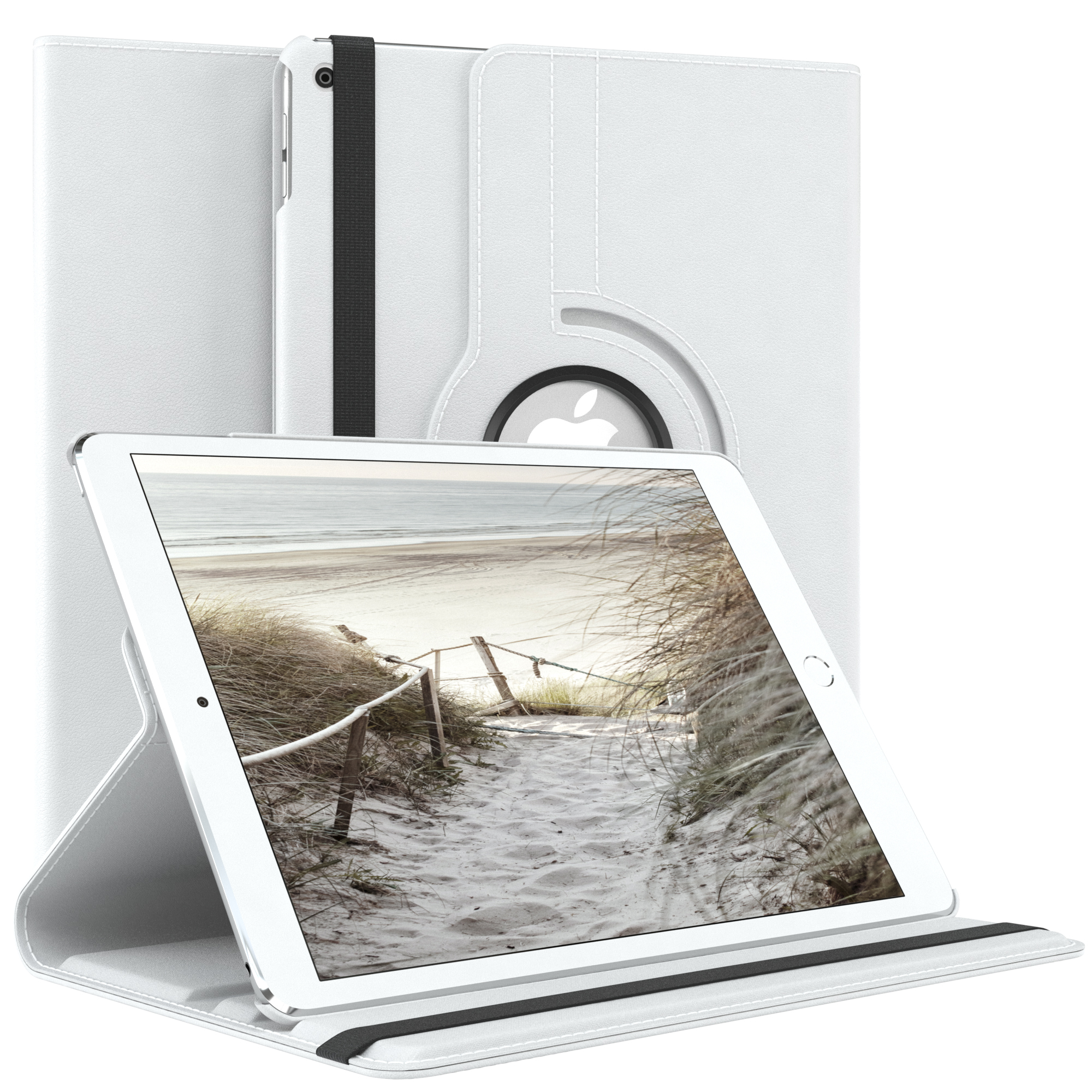 Weißes Tablet mit Strandbild, in weißer Hülle. Die Hülle ist offen und steht aufrecht.