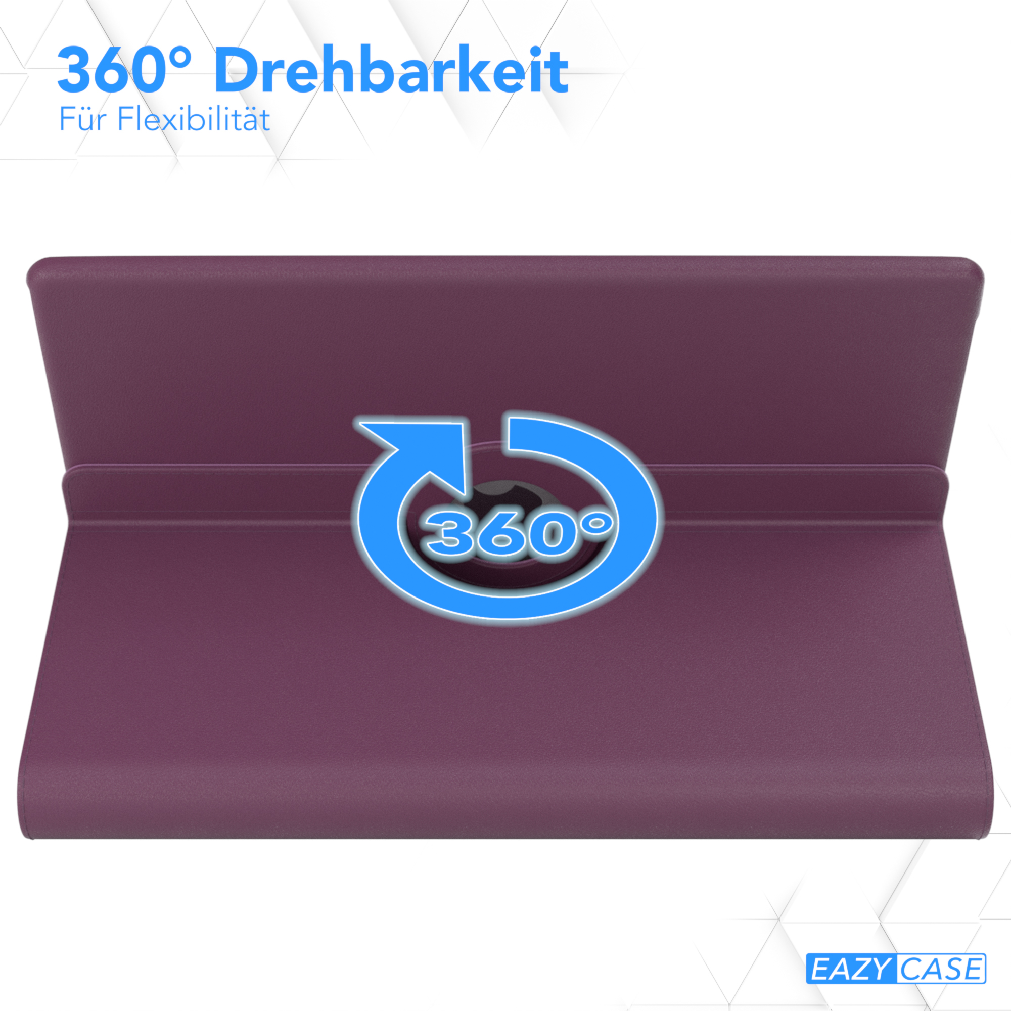 Eine lila Tablethülle mit einer 360-Grad-Drehfunktion. Der Text lautet '360° Drehbarkeit'.