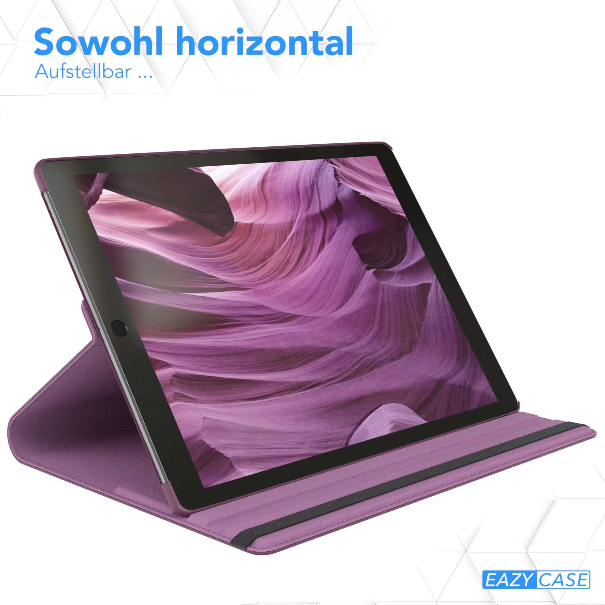 Lila Tablethülle mit offenem Tablet. Das Tablet zeigt einen Bildschirm. Die Hülle befindet sich auf weißem Hintergrund.
