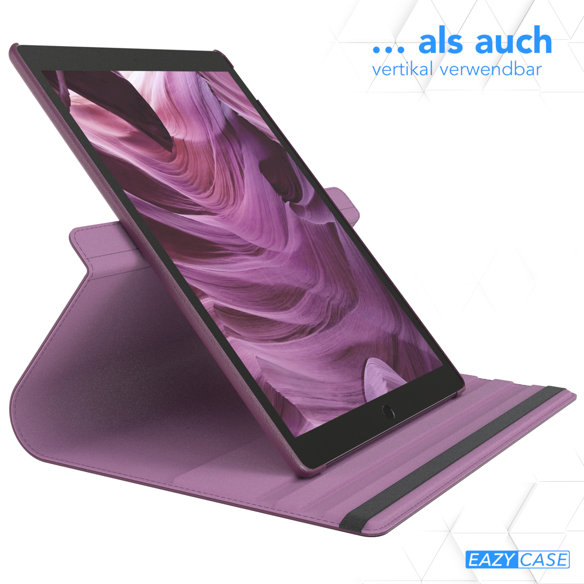 Tablet in lila Hülle, aufgestellt. Text oben. Hülle auf einem Tisch.