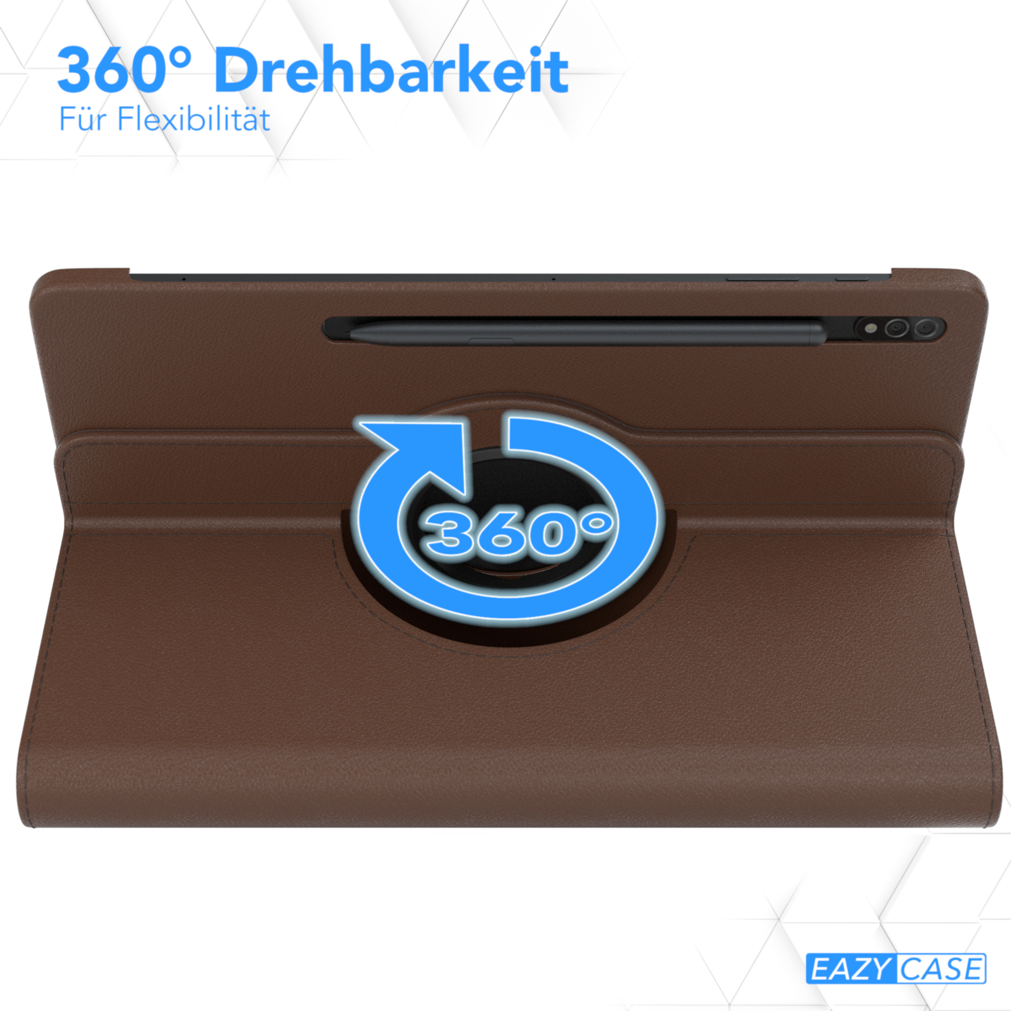 Braunes Tablet mit Stift, 360°-Rotationsgrafik. Text: 'Drehbarkeit Für Flexibilität'.
