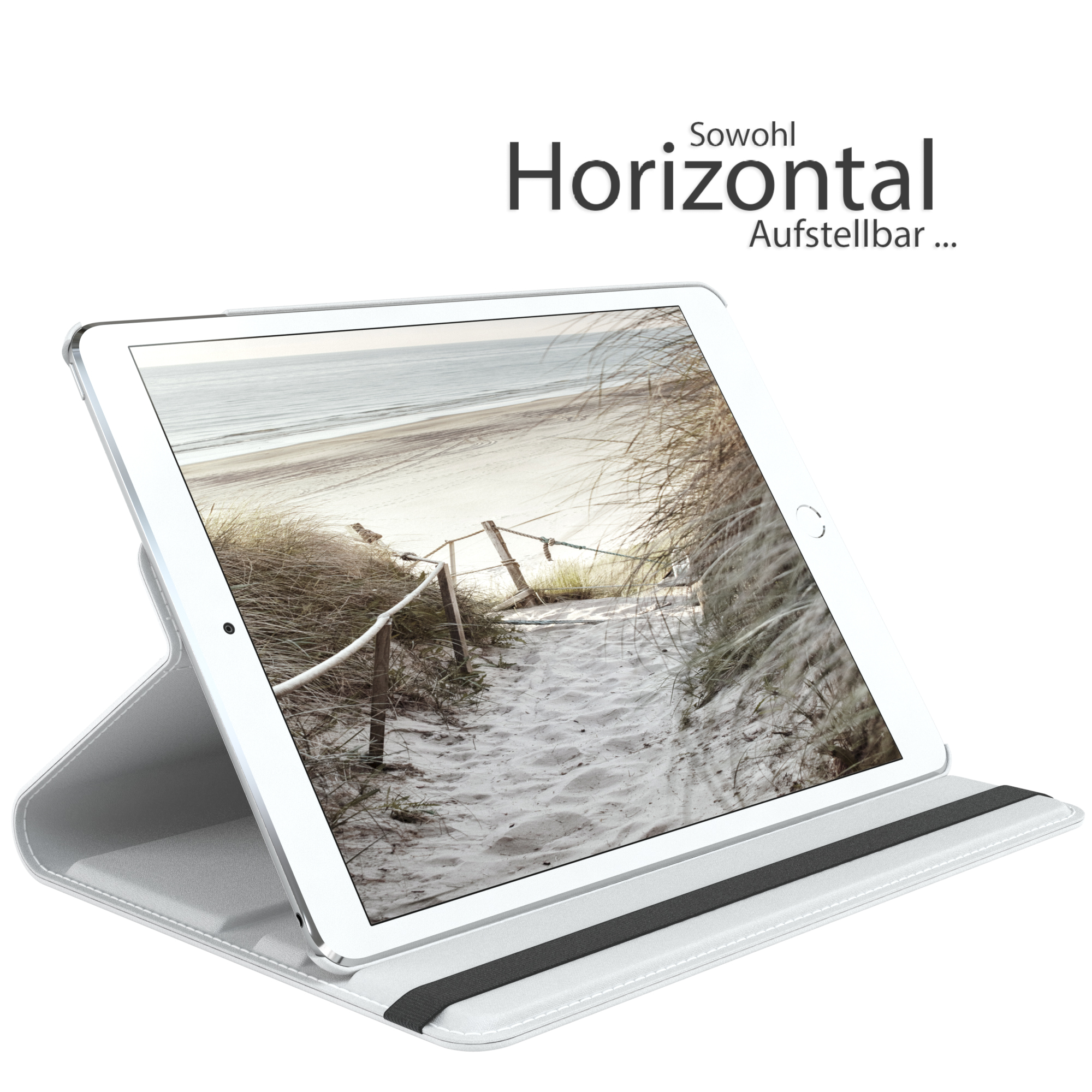 iPad in weißer Hülle, zeigt eine Strandszene. Text: Horizontal und Aufstellbar.