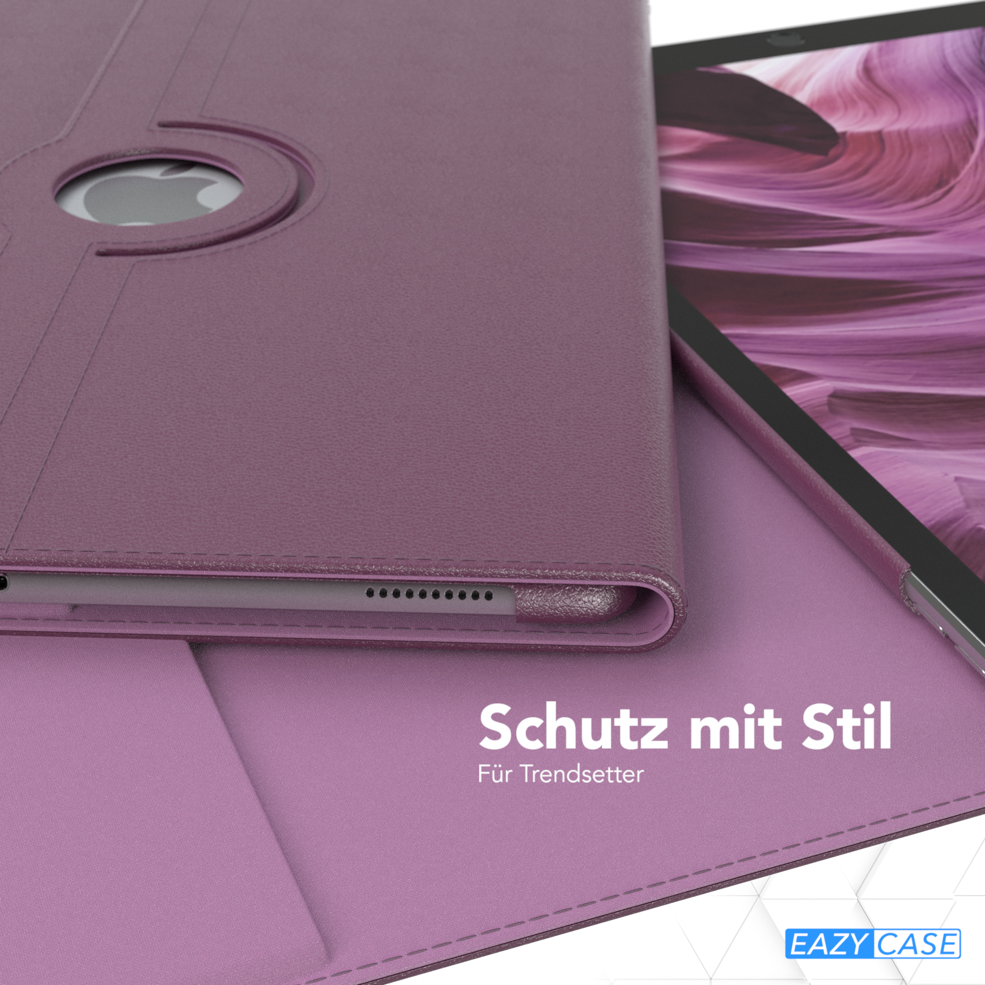 Lila Tablet-Hülle, offen, zeigt das Tablet. Text: 'Schutz mit Stil' und 'Für Trendsetter'.
