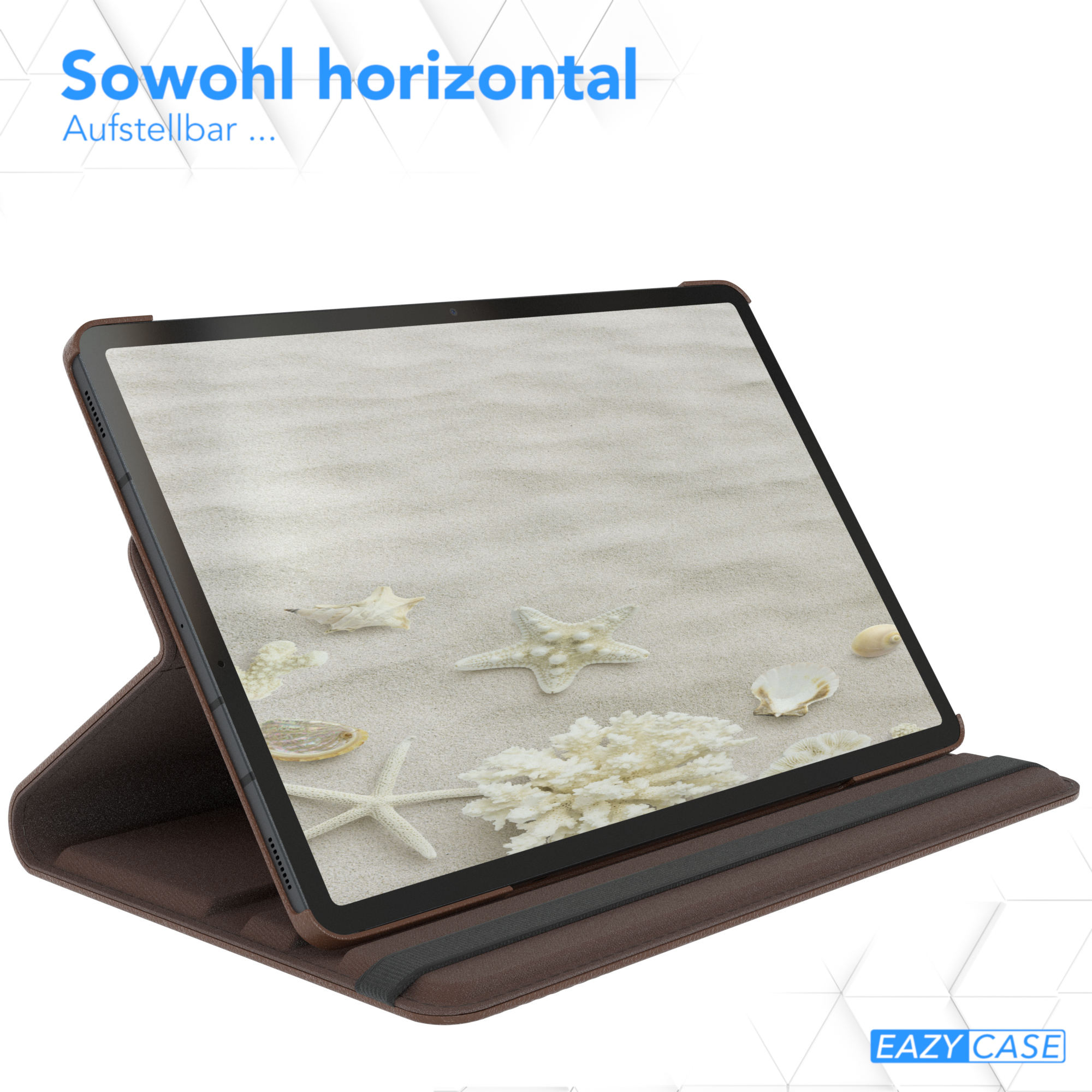 Braune Tablet-Hülle mit Tablet darin. Sand und Seesterne auf dem Bildschirm. Schwarzer Riemen.