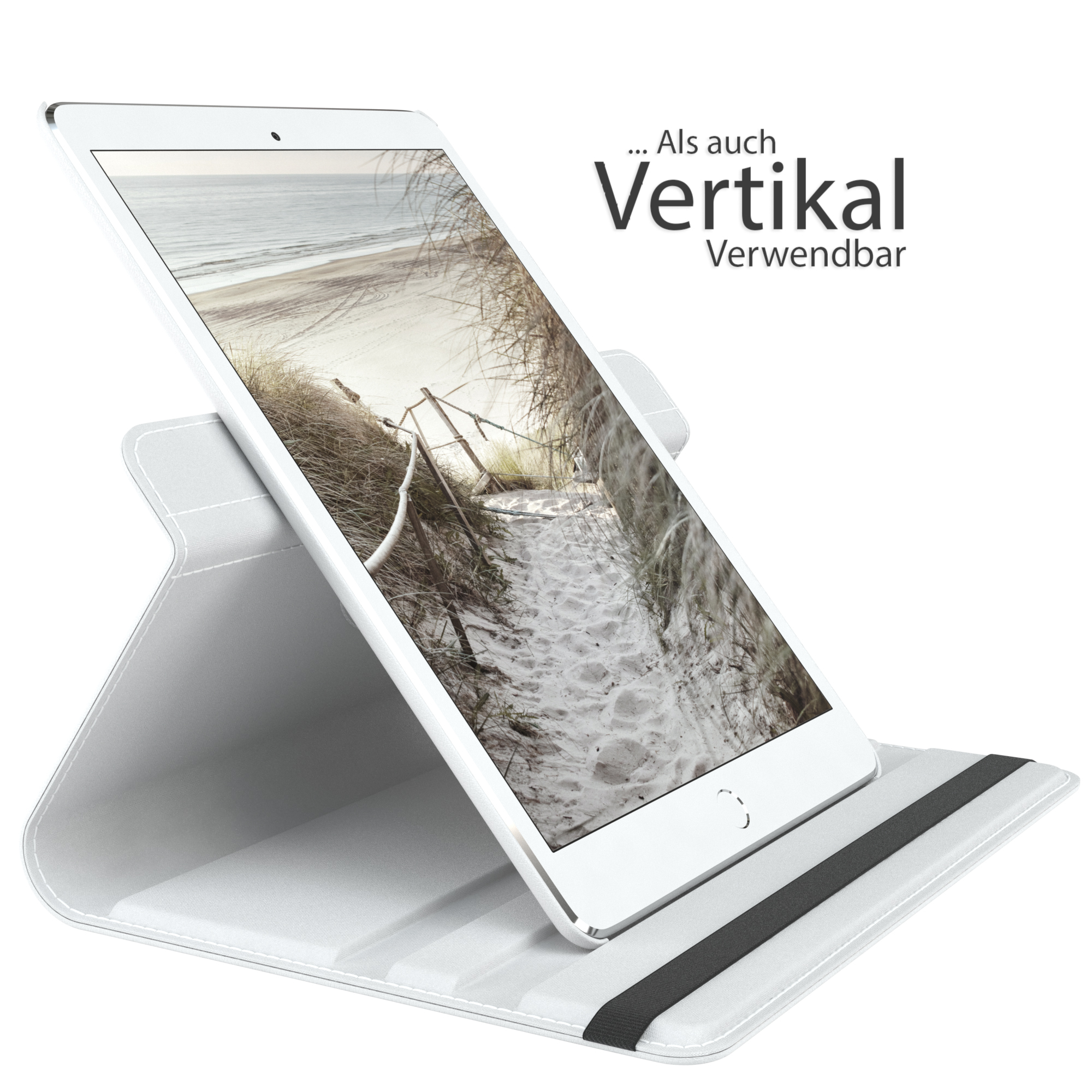 Weißes Tablet in einem weißen Ständer, das ein Strandfoto zeigt.
