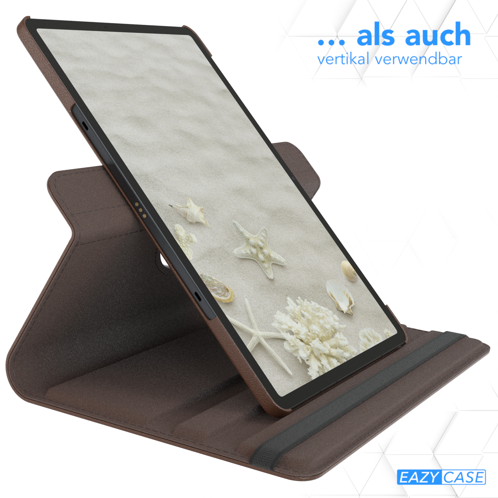 Eine braune Tablet-Hülle mit einem aufrechten Tablet, das eine Strandszene zeigt. Text zeigt die vertikale Verwendung an.