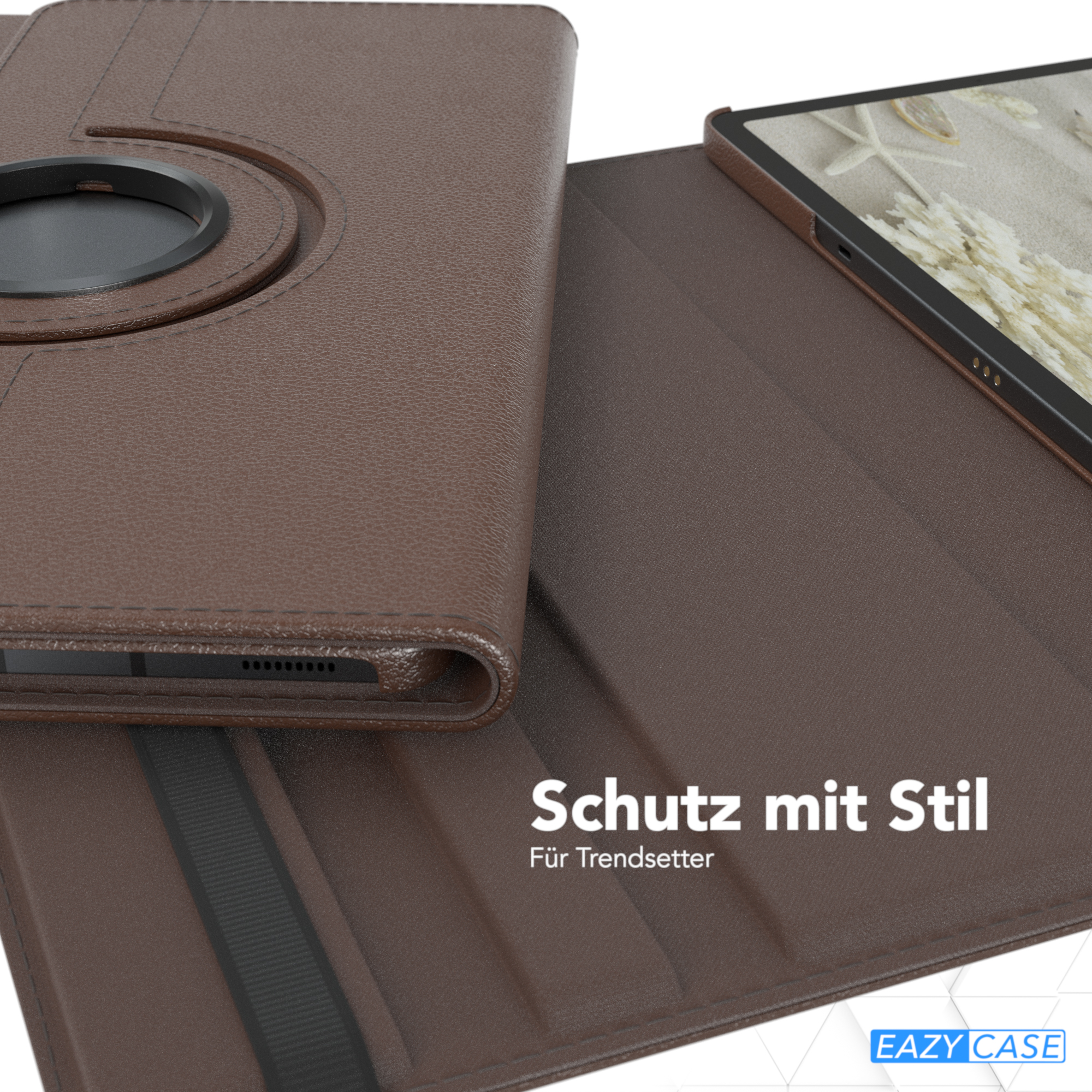 Braune Tablethülle mit brauner Lederstruktur, aufgeklappt, um ein Tablet zu zeigen.