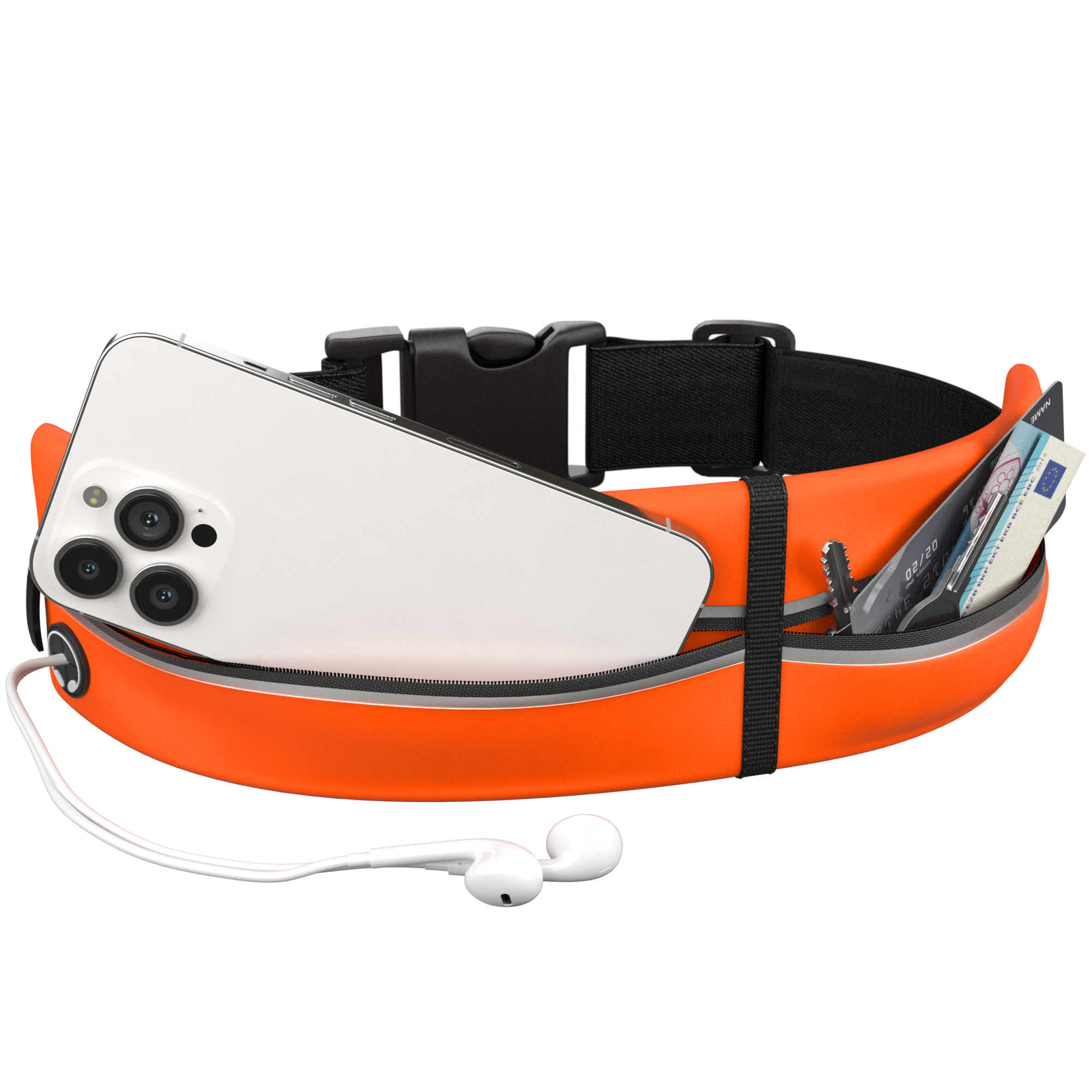 Orange Hüfttasche mit Telefon, Kopfhörern und Geld darin.