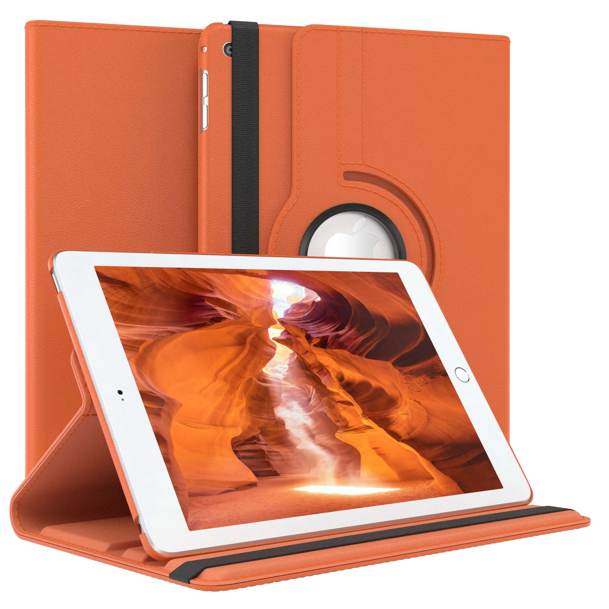 Orange Tablethülle mit einem Tablet, das ein Canyonbild zeigt.