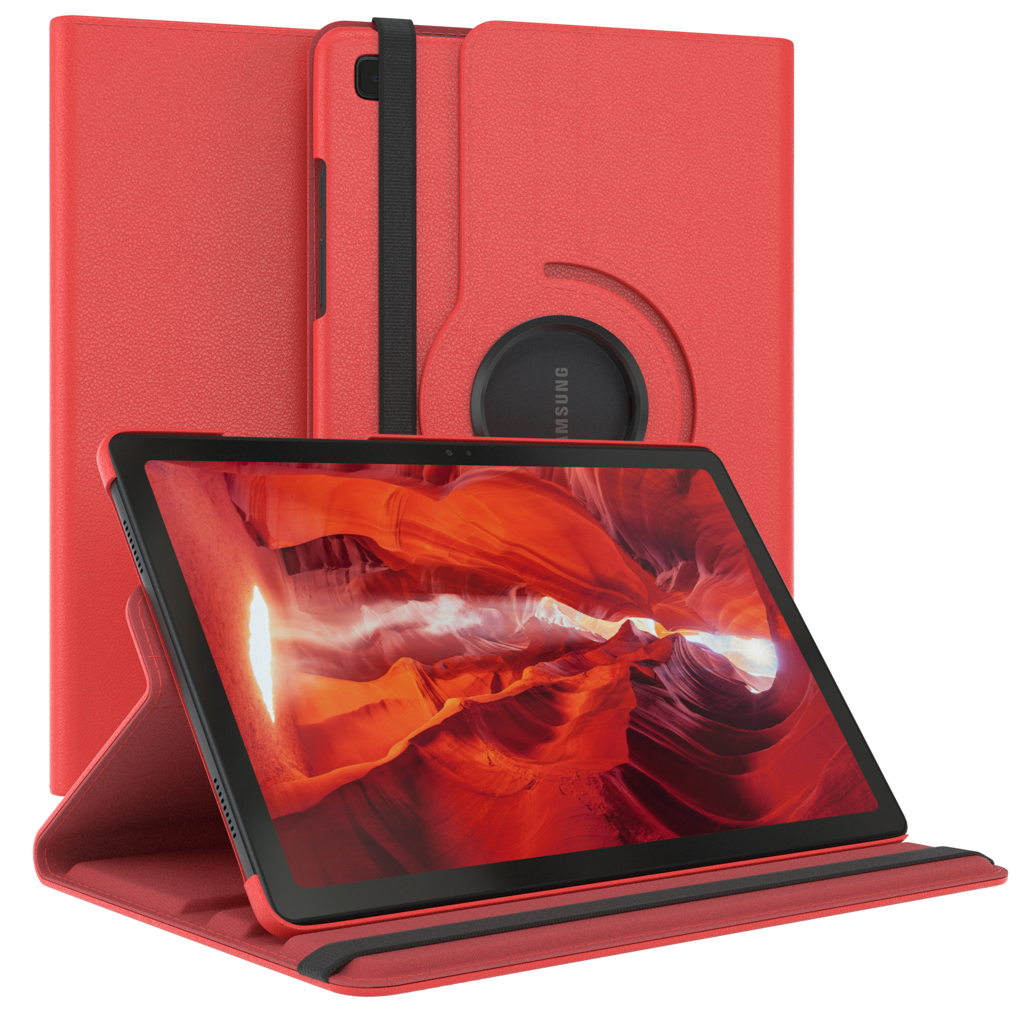 Rote Tablethülle mit Tablet, das ein rotes Canyon-Bild zeigt. Andere Teile der Hülle sind sichtbar.