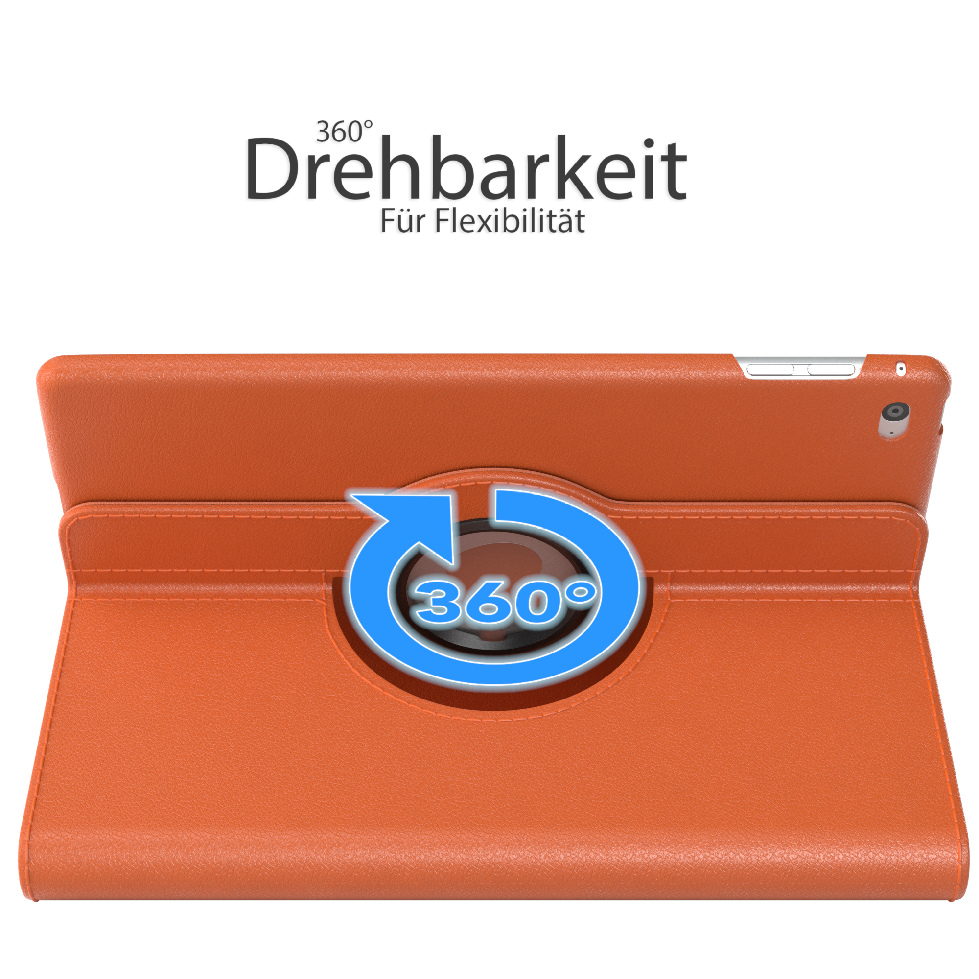 Orangene Tablethülle, 360°-Rotationssymbol auf der Rückseite, Text darüber.