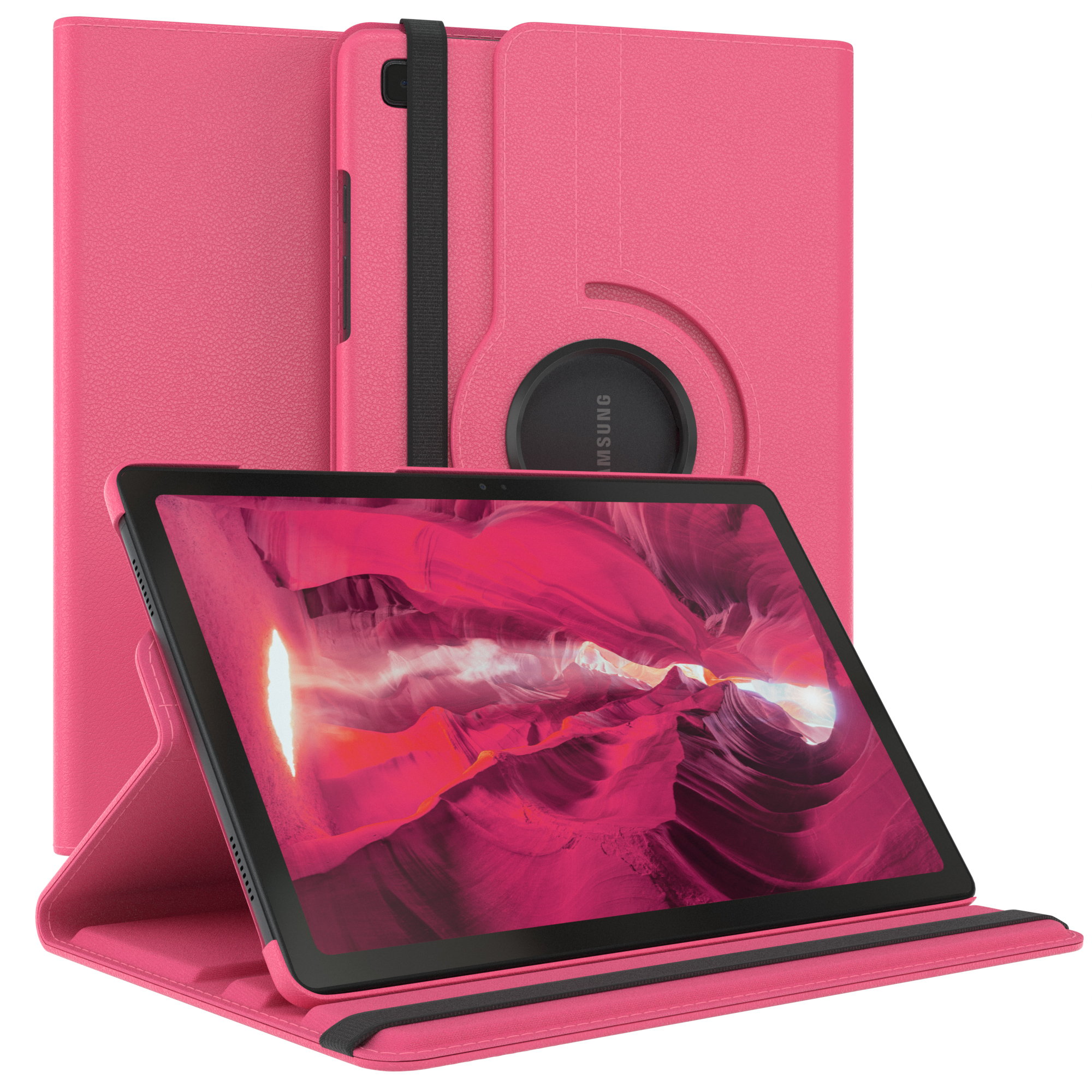 Ein rosa Tablet in einer rosa Hülle, offen. Die Hülle hat einen Ständer, das Tablet zeigt rotes Bild.