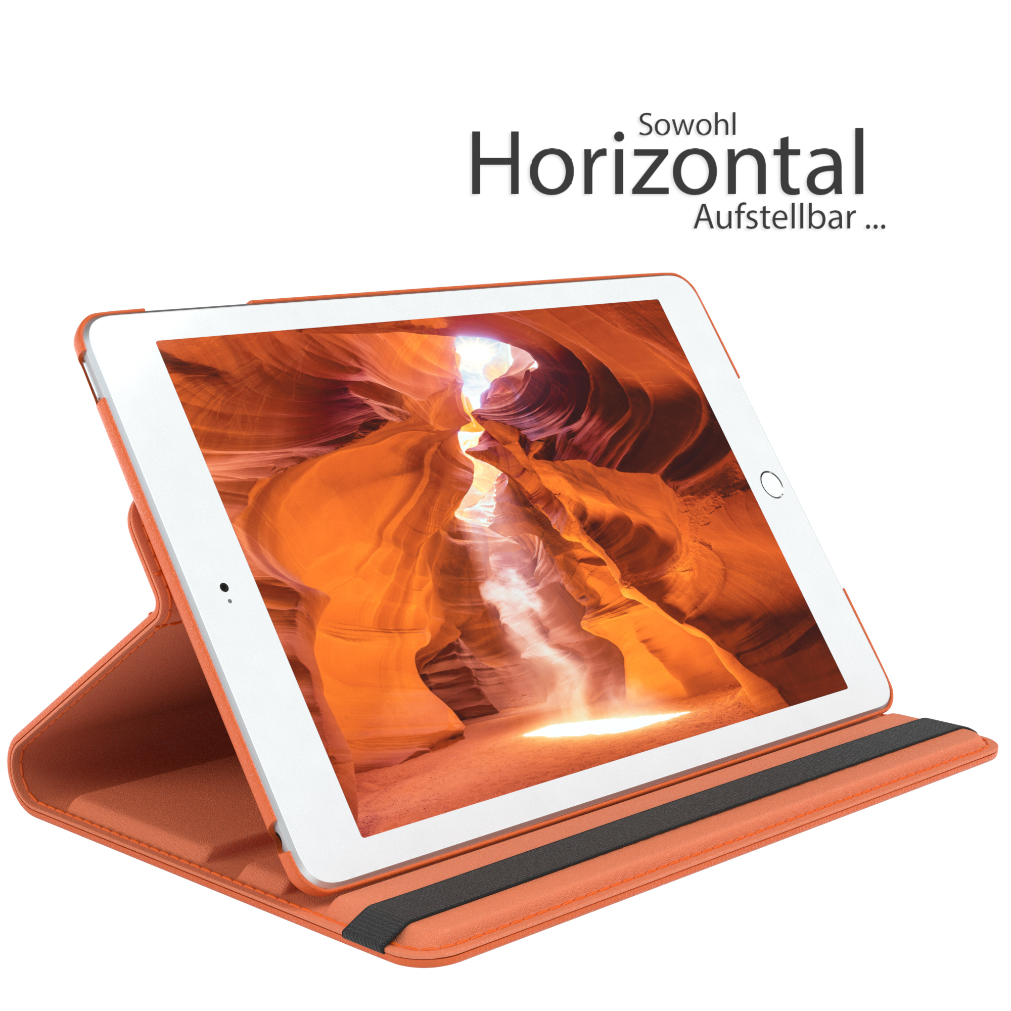 Orangefarbenes Tablet in einer faltbaren Hülle, die eine orangefarbene Schlucht zeigt. Text: Horizontal Aufstellbar.