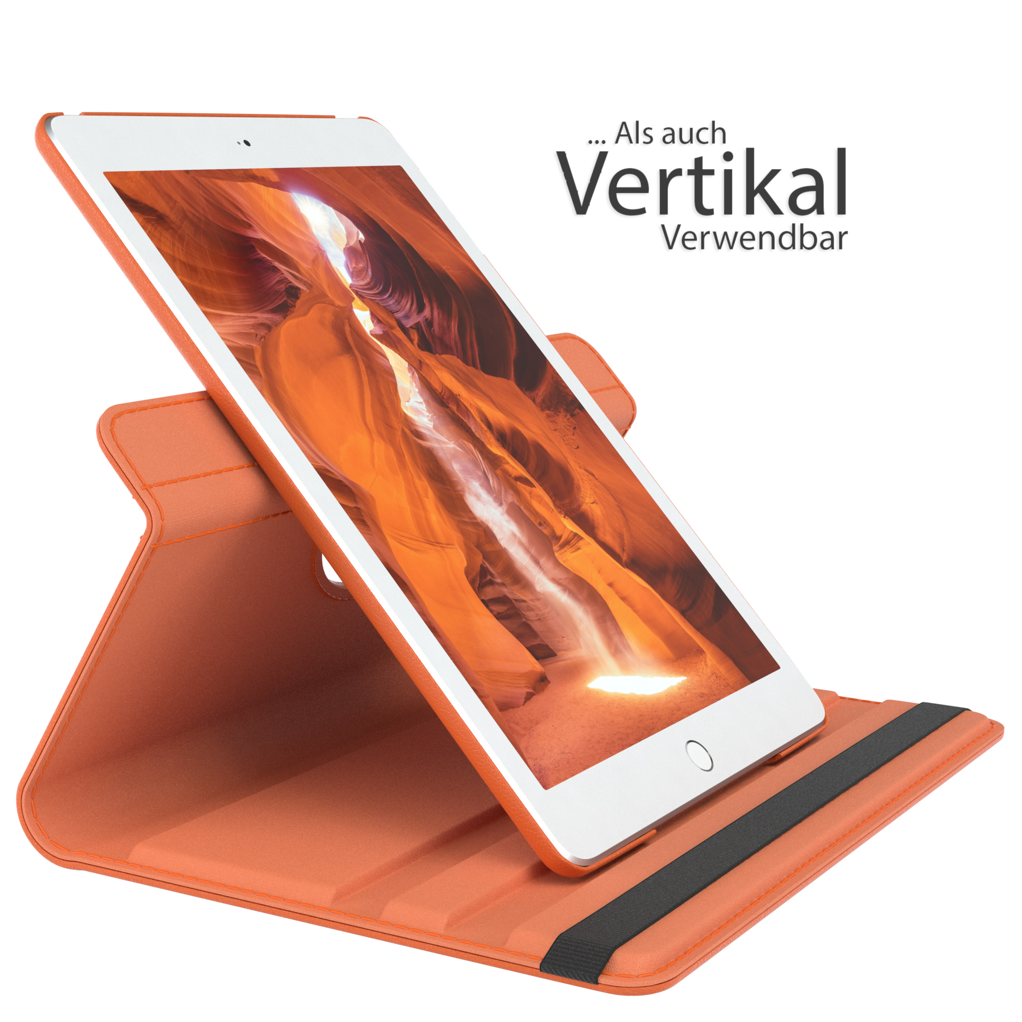 Eine orange Tablet-Hülle mit einem Tablet darin, vertikal aufgestellt. Der Bildschirm zeigt ein Canyon-Bild.
