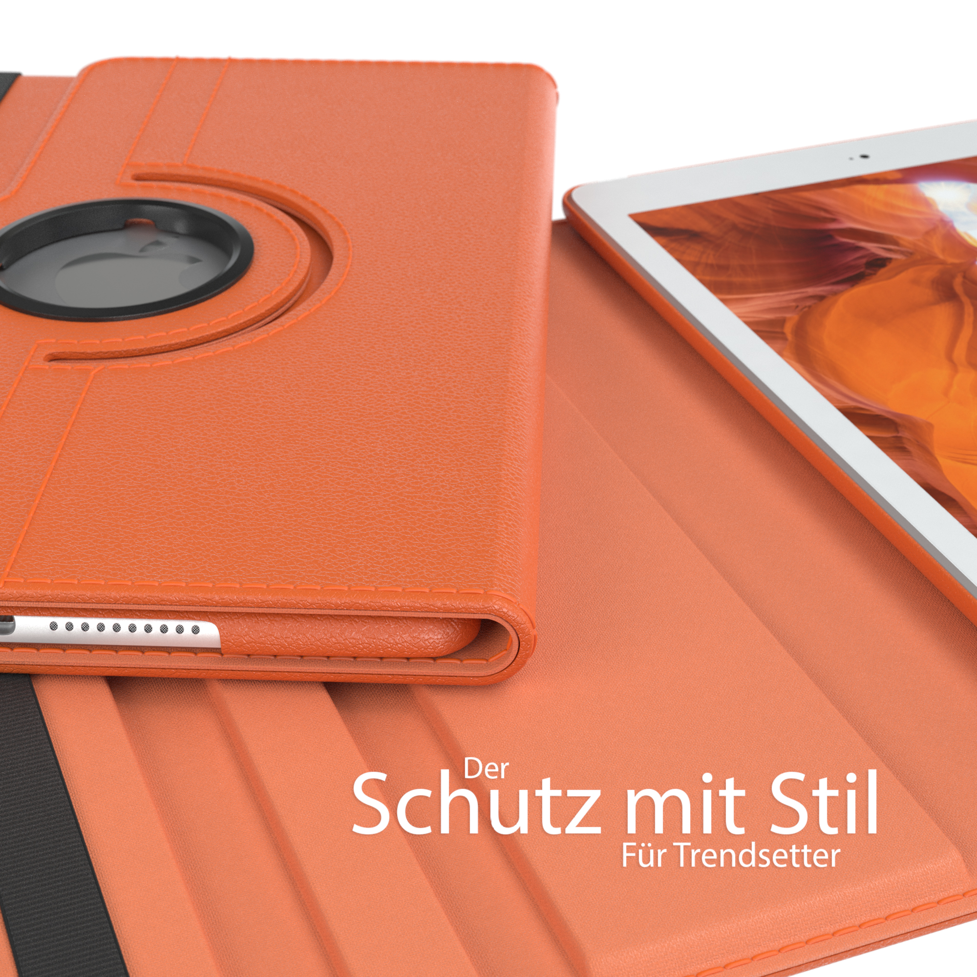 Orangefarbene Tablethülle mit drehbarem Bereich, daneben ein weißes Tablet.