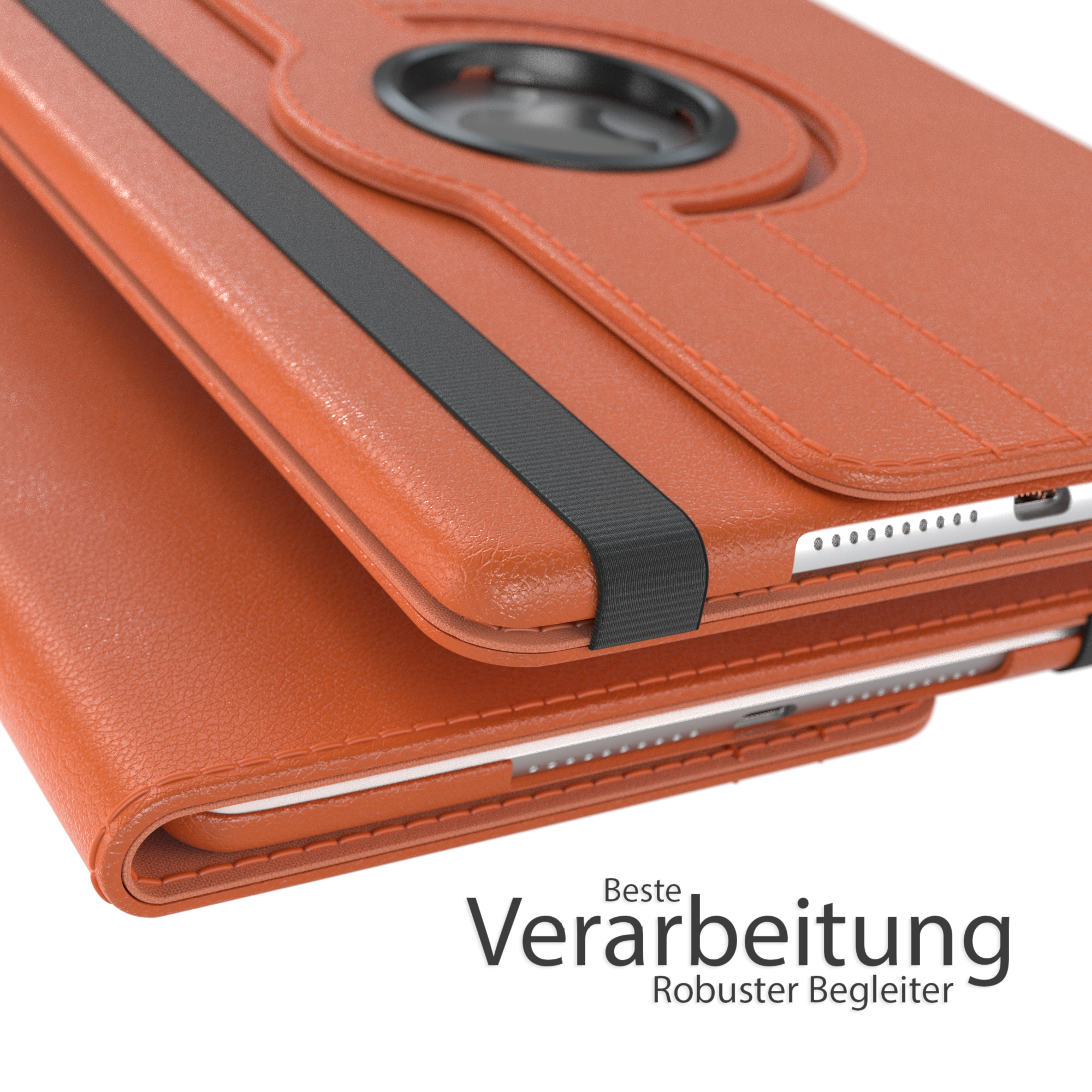 Orangenes Lederetui mit schwarzem Riemen. Das Etui ist geschlossen, mit dem Text Beste Verarbeitung.