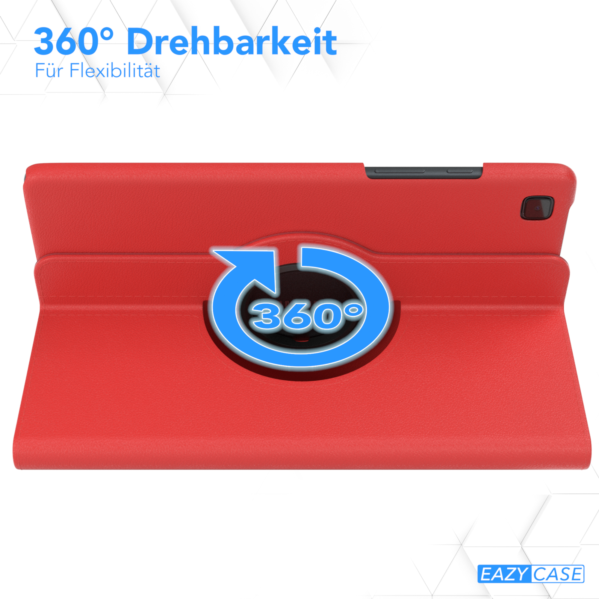 Eine rote Tablethülle mit 360-Grad-Drehfunktion und Pfeilen, die die Drehrichtung anzeigen.
