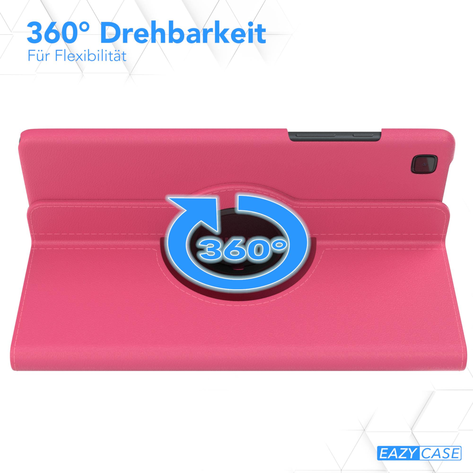 Rosa Tablet-Hülle, geöffnet und gedreht. Die Hülle hat eine 360-Grad-Drehfunktion. Text: Drehbarkeit.