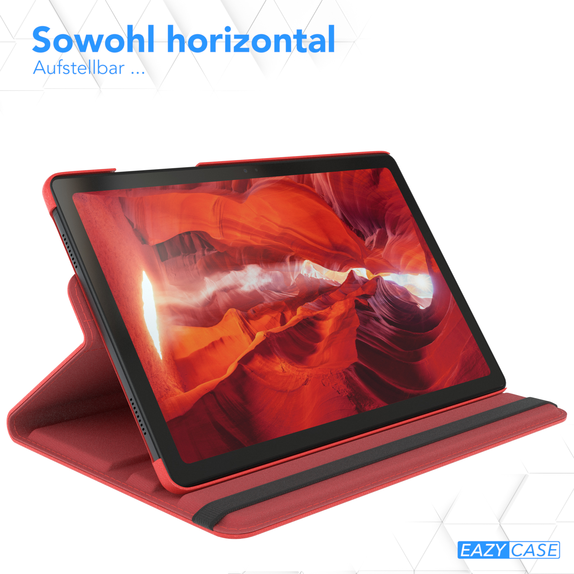 Rote Tablet-Hülle mit Tablet, Text 'Sowohl horizontal' und EAZY CASE Logo.