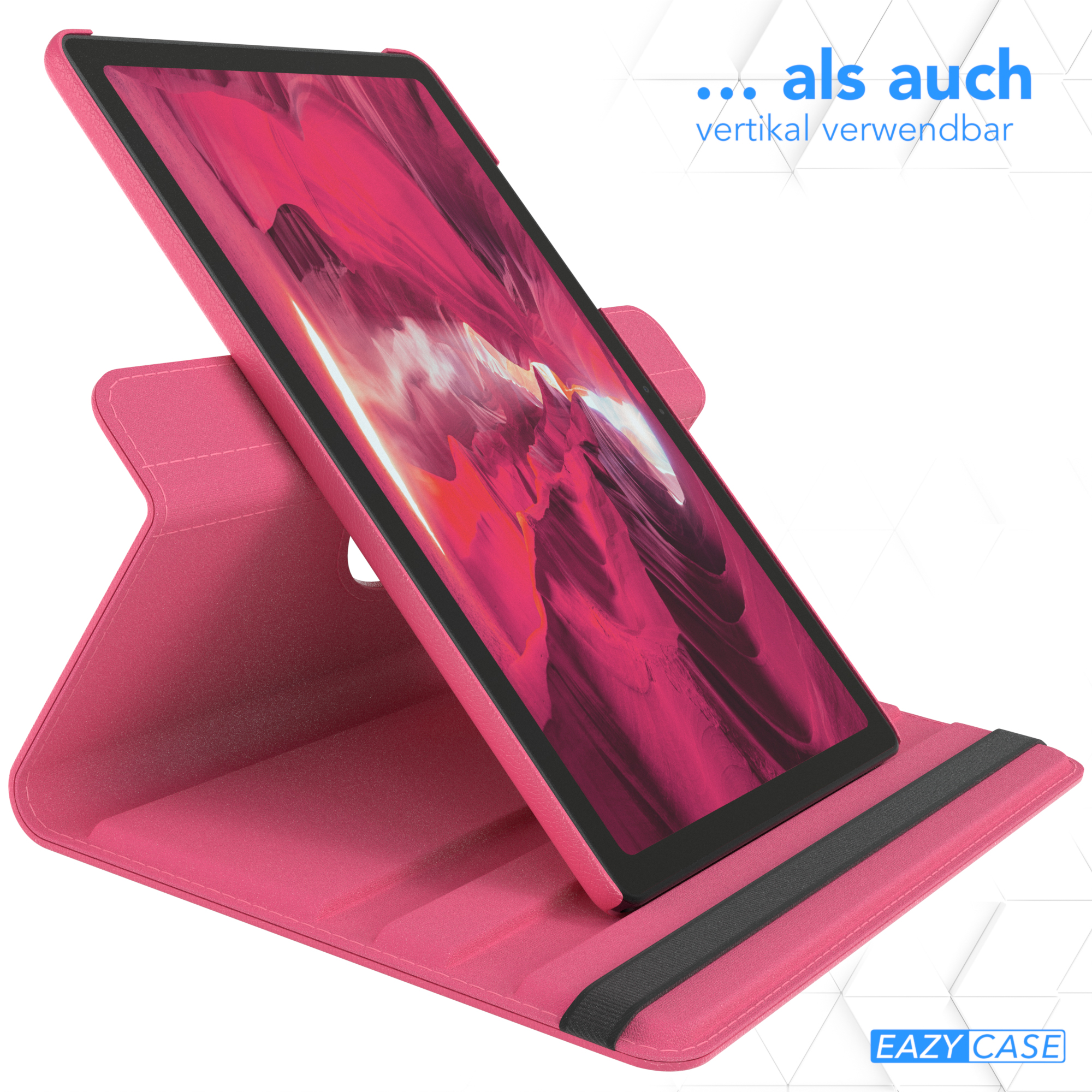 Rosa Tablet in einem Ständer mit Text und Logo.