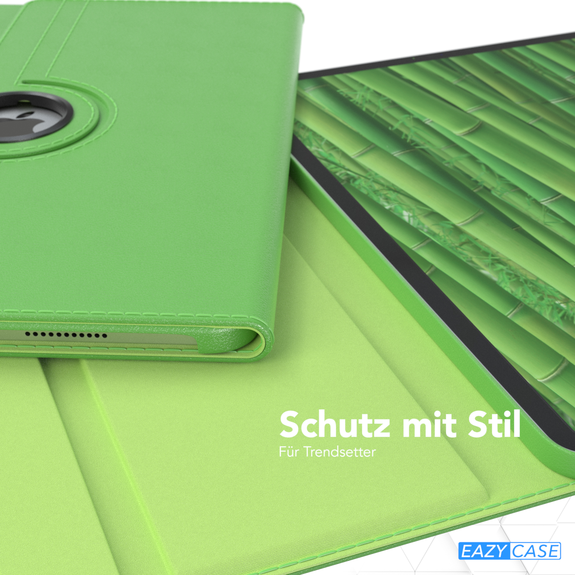 Eine grüne Tablet-Hülle offen mit grünem Innenraum und Bambuswald-Hintergrund.