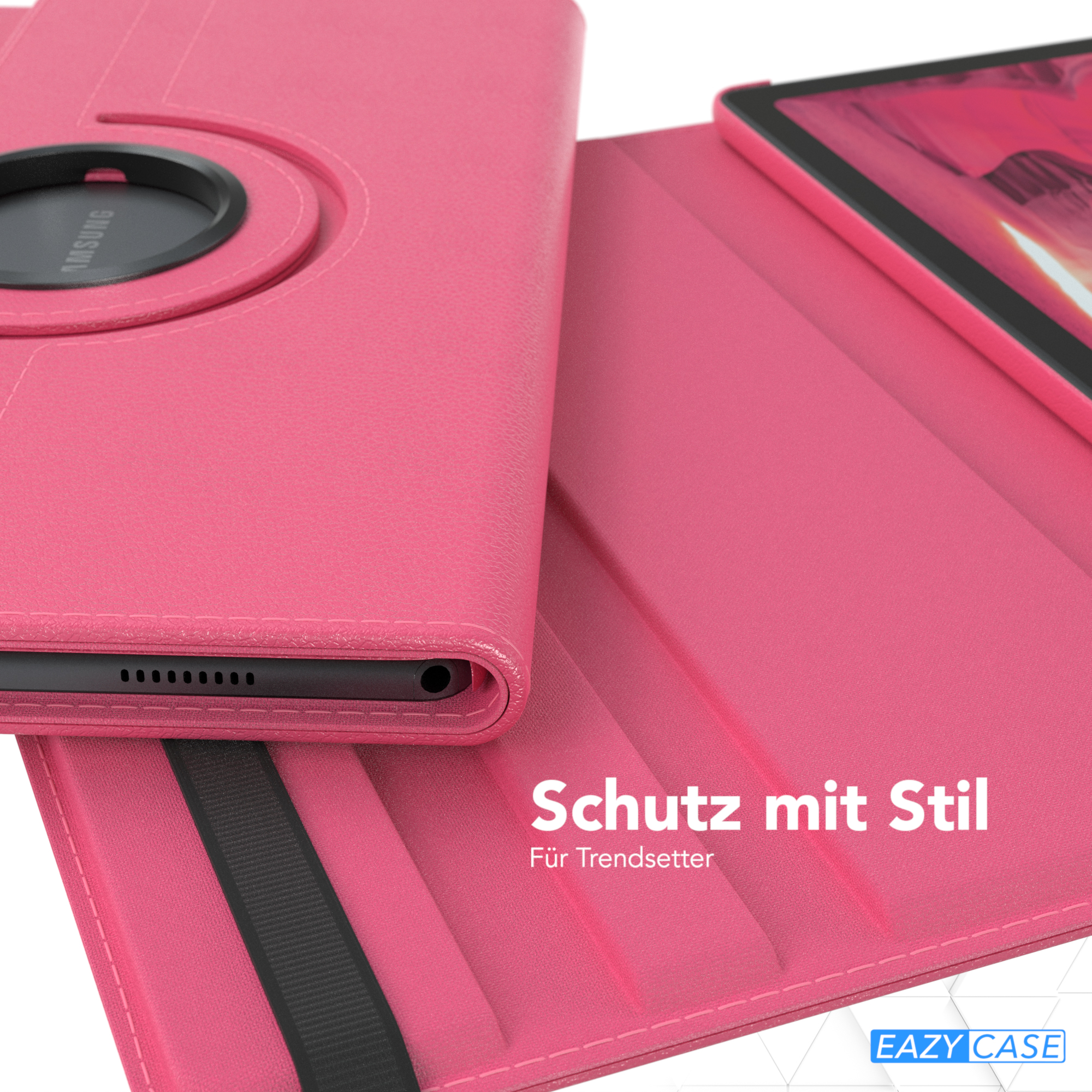 Rosa Tablet-Hülle, teilweise geöffnet, mit schwarzem Riemen. Text: 'Schutz mit Stil Für Trendsetter'.