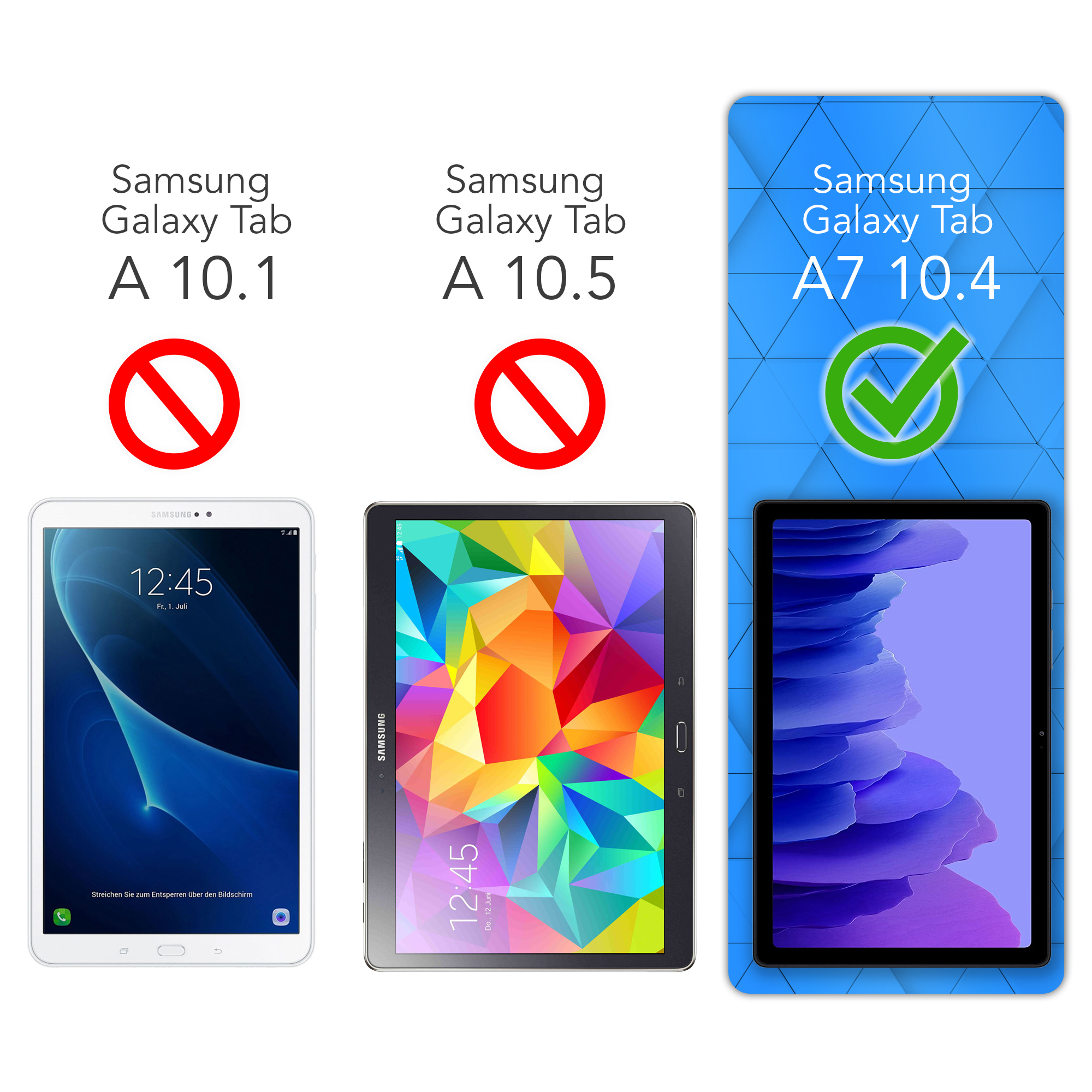Drei Tablets, zwei mit roten Verbotszeichen, eines mit grünem Häkchen. Tablets sind weiß und schwarz.