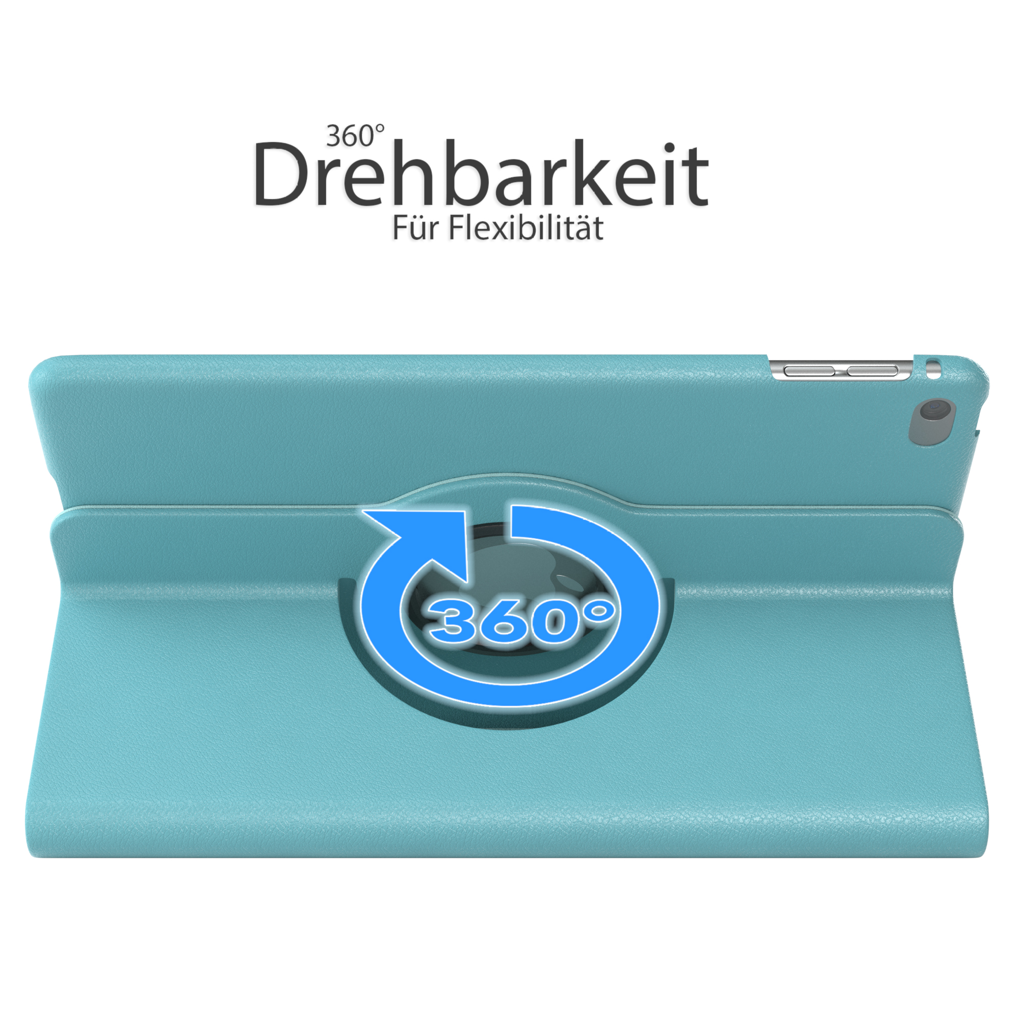 Eine türkisfarbene Tablet-Hülle mit einer drehbaren 360-Grad-Ständerfunktion wird gezeigt.