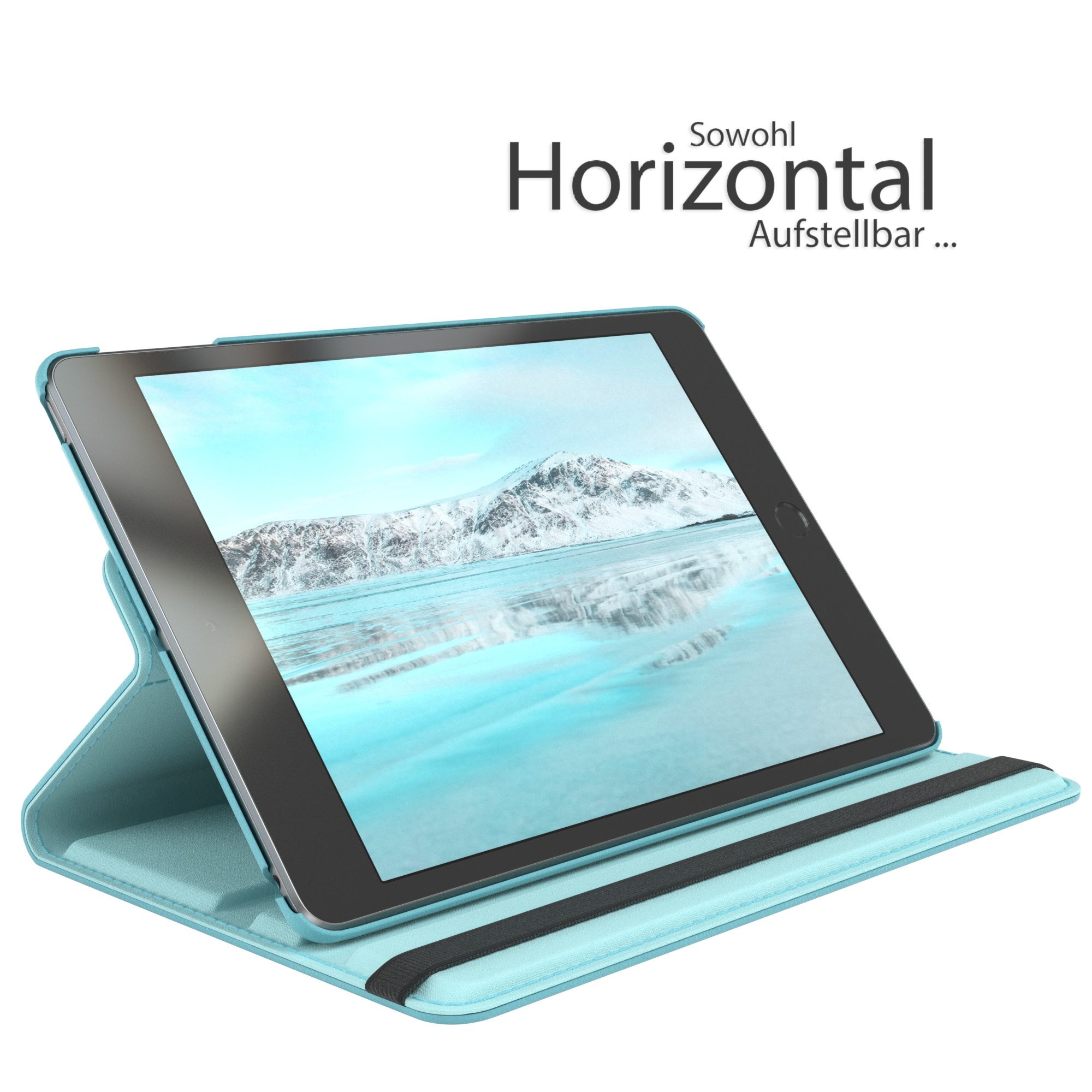 Eine blaue Tablet-Hülle mit einem Tablet darin. Die Hülle ist offen.
