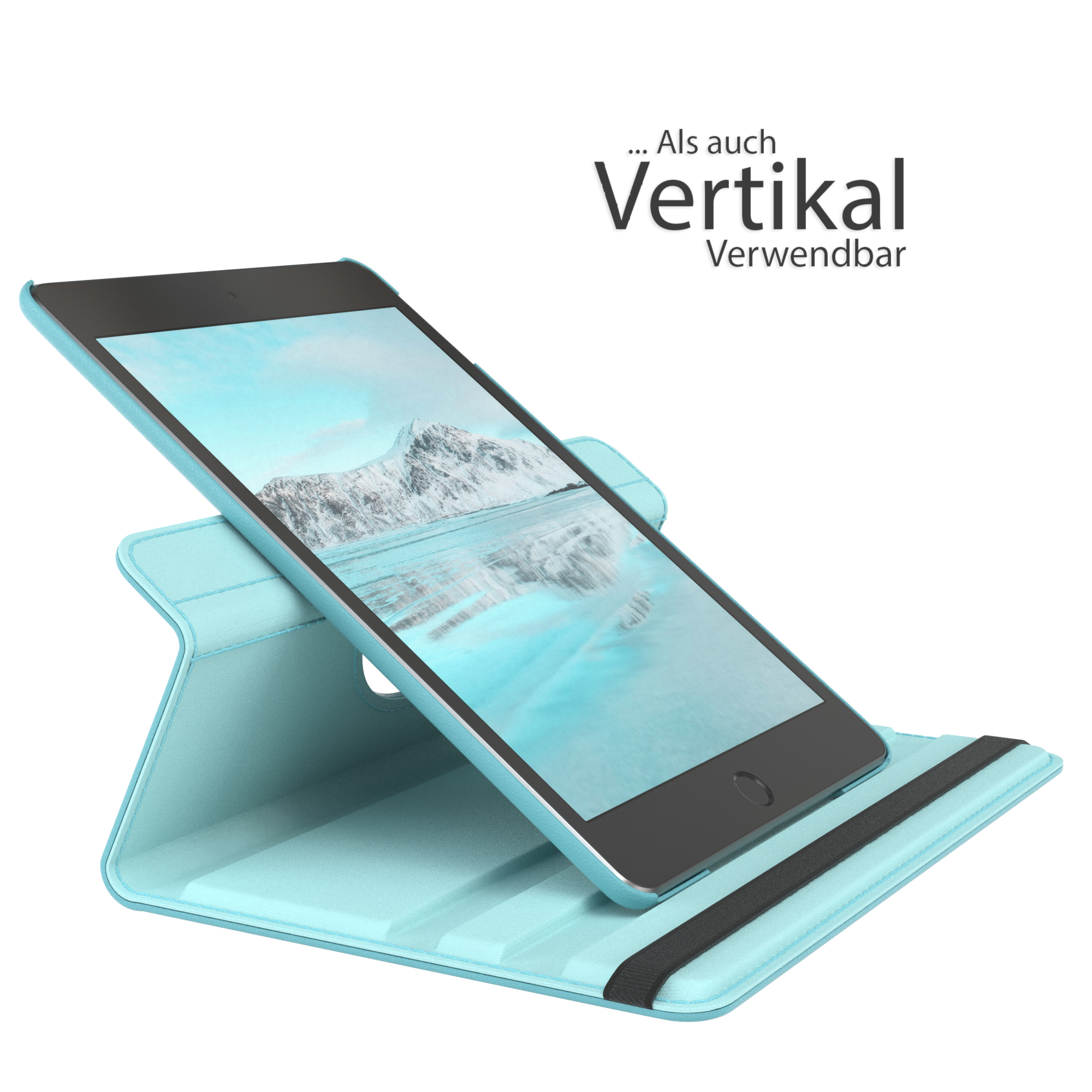 Tablet in einer blauen Hülle, hochgestellt. Die Hülle ist offen, schwarzer Riemen sichtbar.