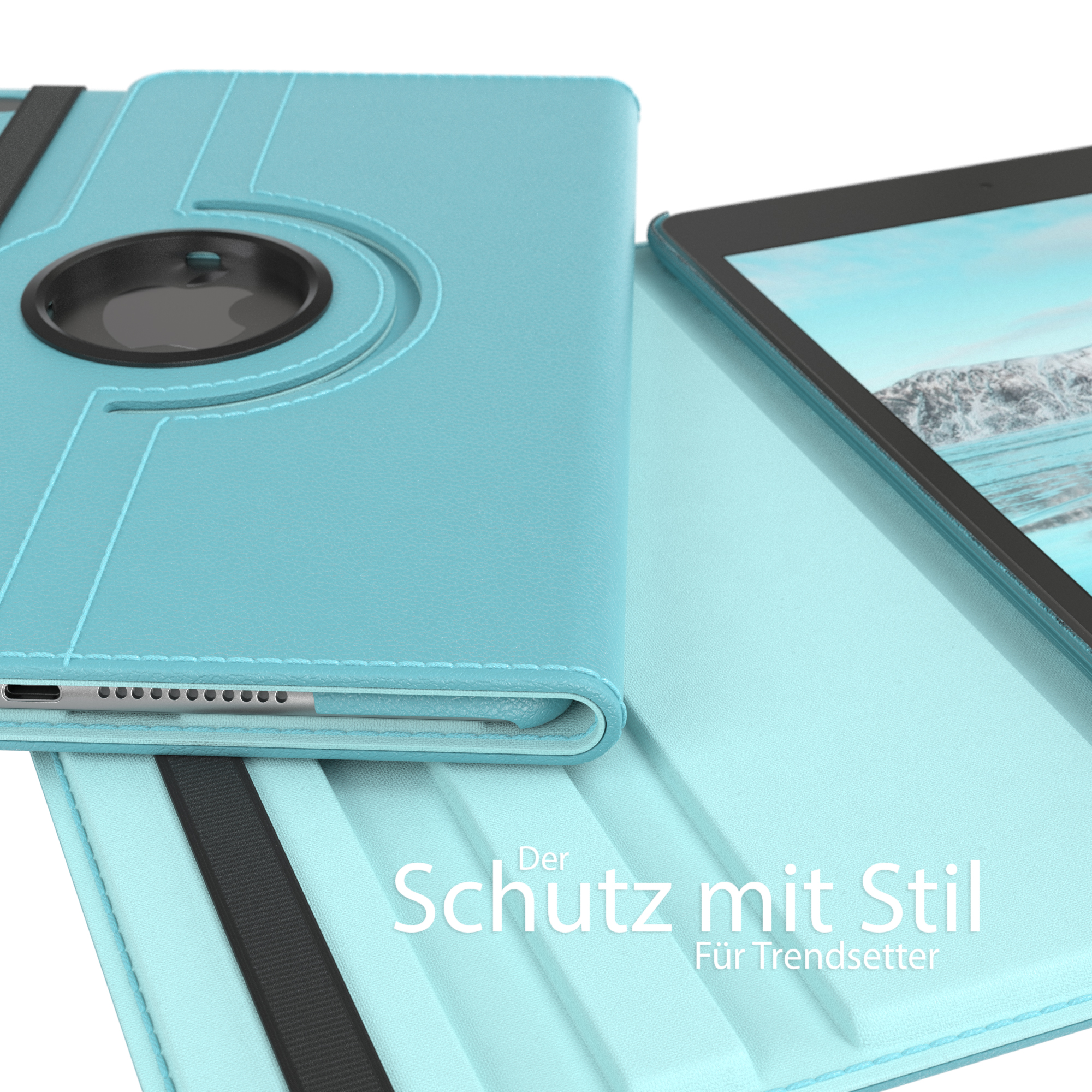 Tablet in blauer Hülle. Text: 'Der Schutz mit Stil'.