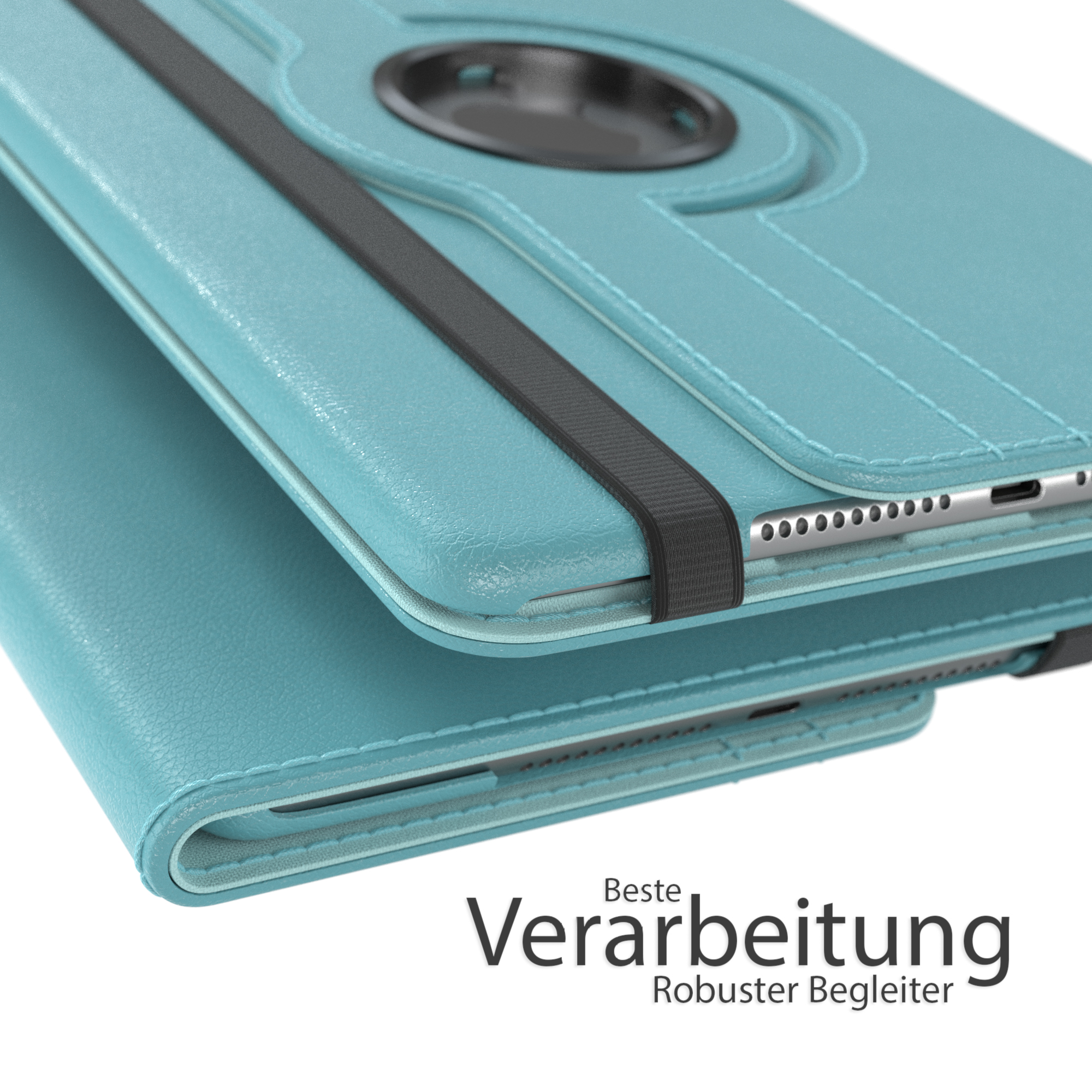 Blaue Tablettasche mit Tablet darin. Text auf Deutsch. Hintergrund: ein schwarzer Riemen.