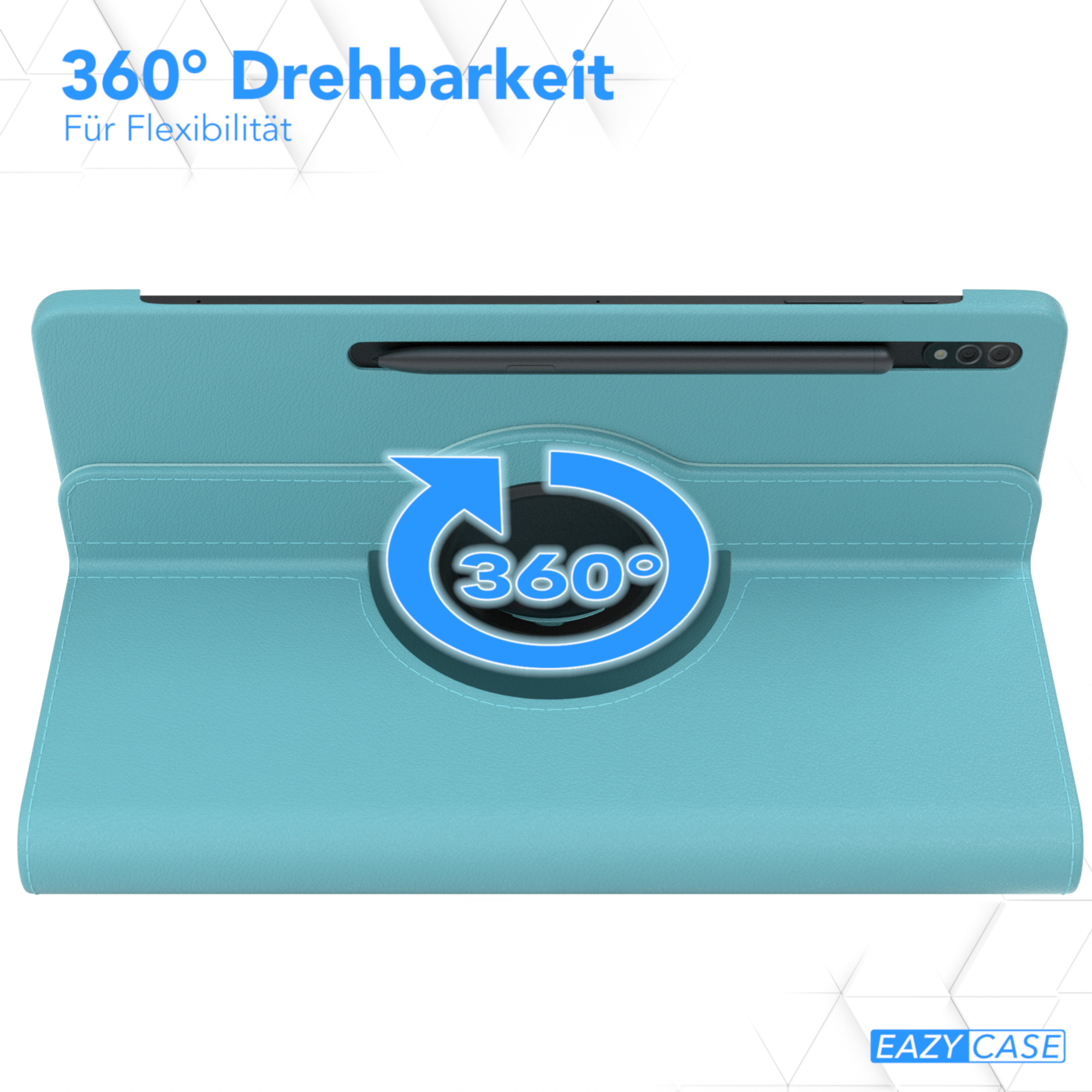 Türkisfarbene Tablet-Hülle mit 360-Grad-Drehfunktion.