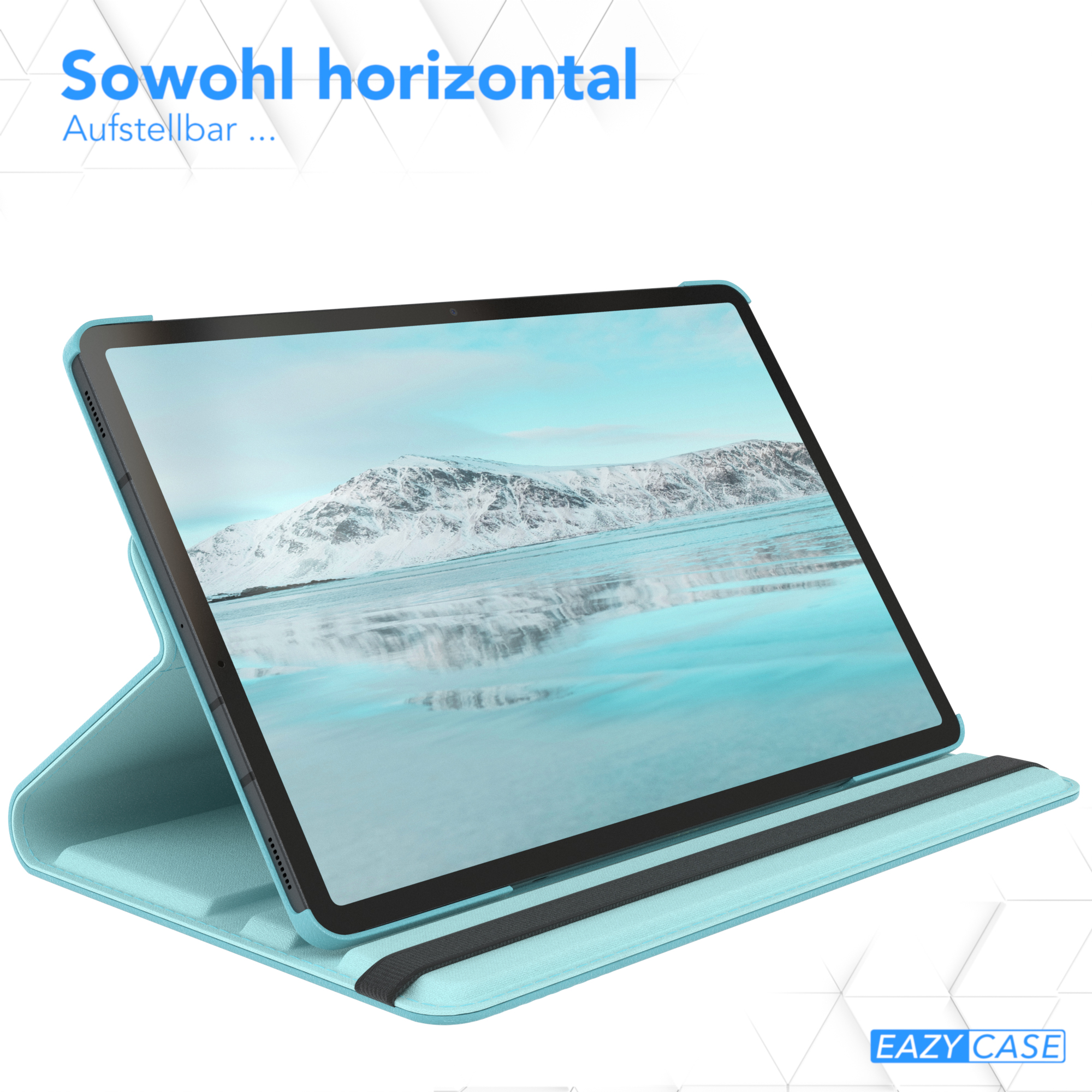 Ein blaues Tablet in einem Gehäuse, das eine eisige Landschaft zeigt. Das Gehäuse ist offen und abgewinkelt.