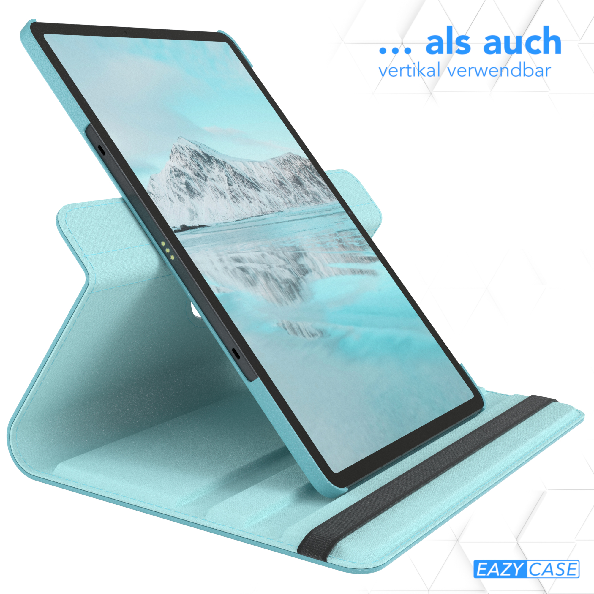 Türkisfarbene Tablethülle steht aufrecht. Schwarzes Gummiband sichtbar.