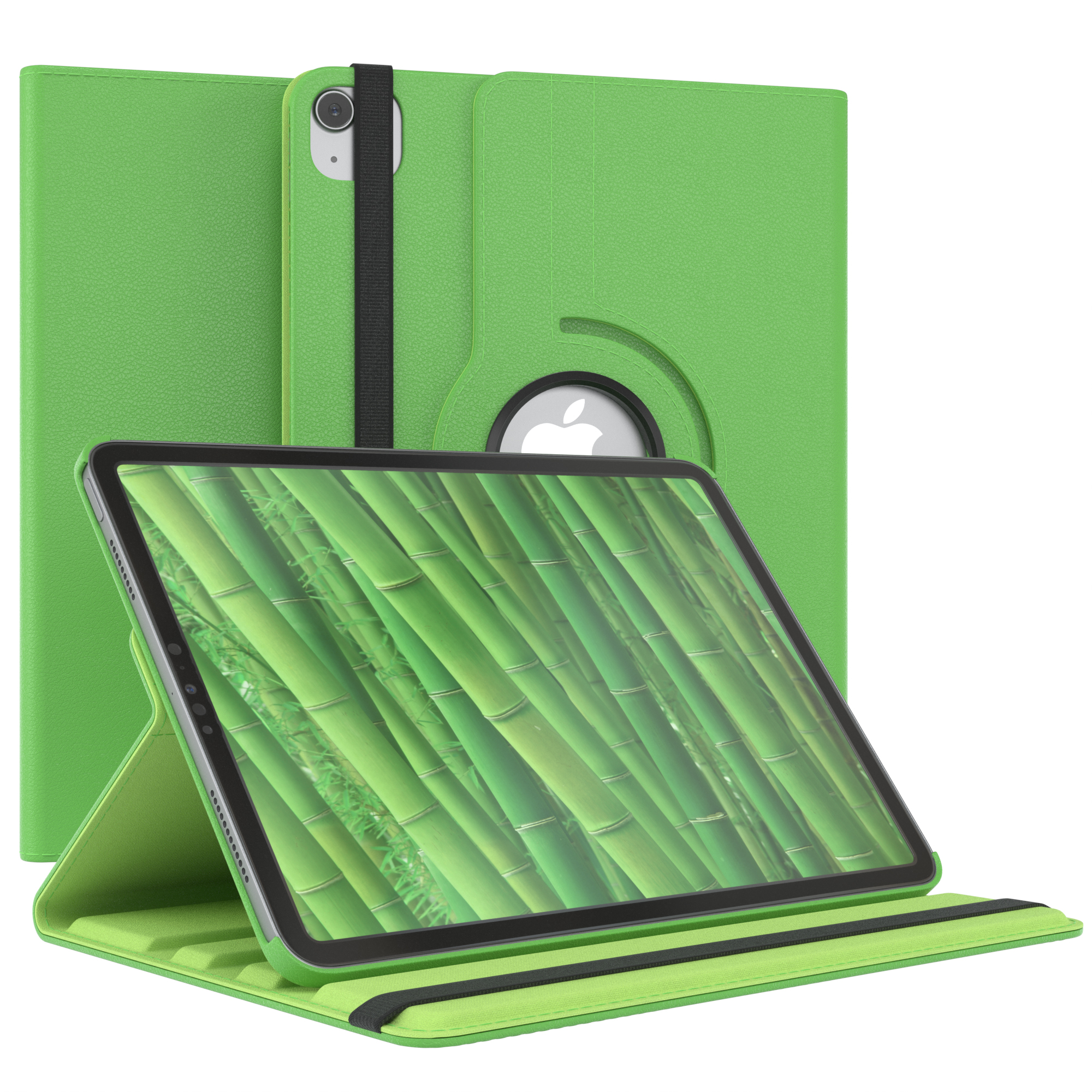 Grünes Tablet in einer grünen Hülle. Der Tablet-Bildschirm zeigt ein Bambuswald-Bild.
