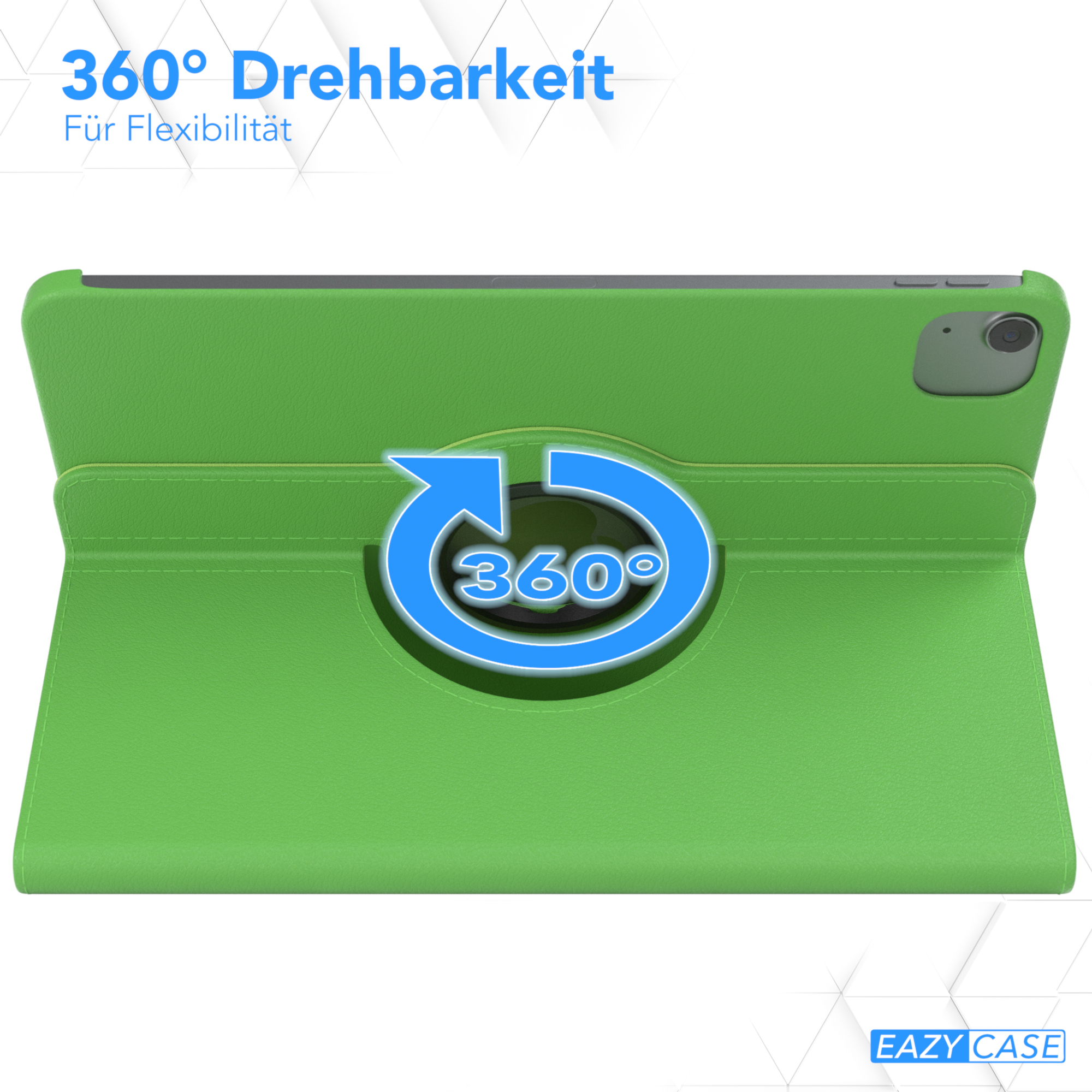 Eine grüne Tablethülle im Stehen. Die Hülle hat ein 360-Grad-Symbol in der Mitte.