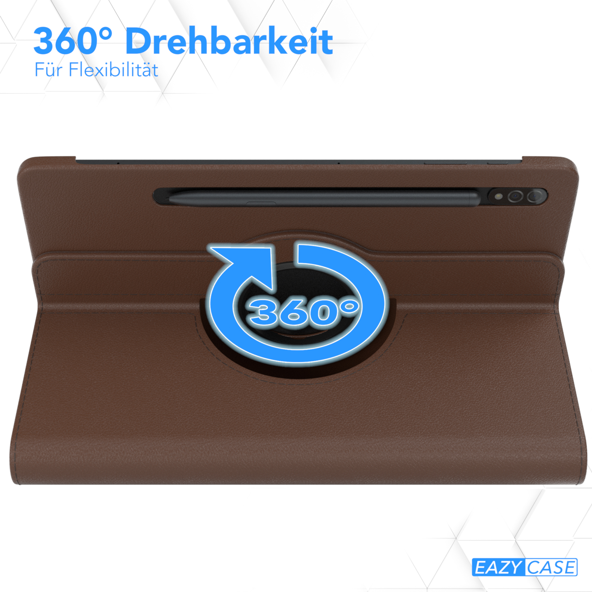 Braune Tablet-Hülle. 360-Grad-Drehzeichen. Ein schwarzer Stift ist angebracht.
