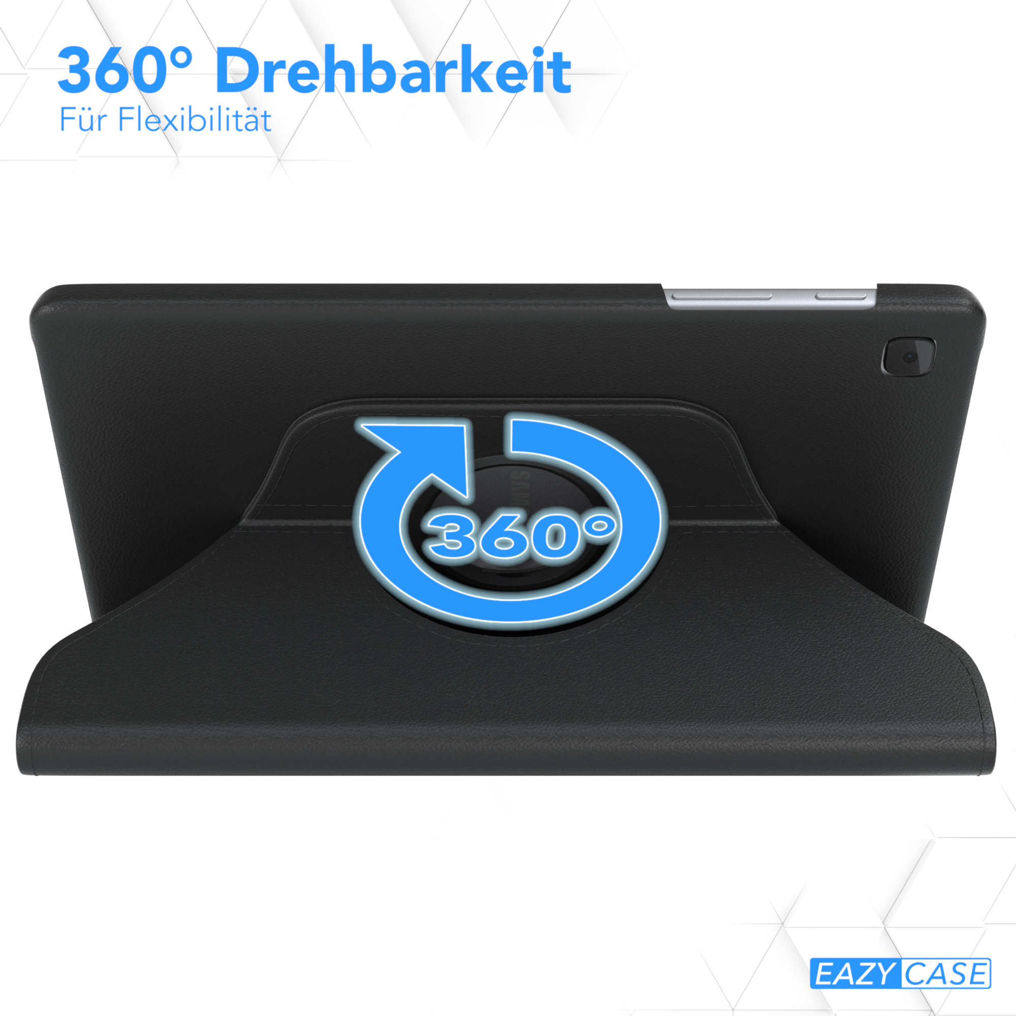 Schwarzes Tablet in einem Gehäuse mit 360-Grad-Drehfunktion, dargestellt durch Pfeile.
