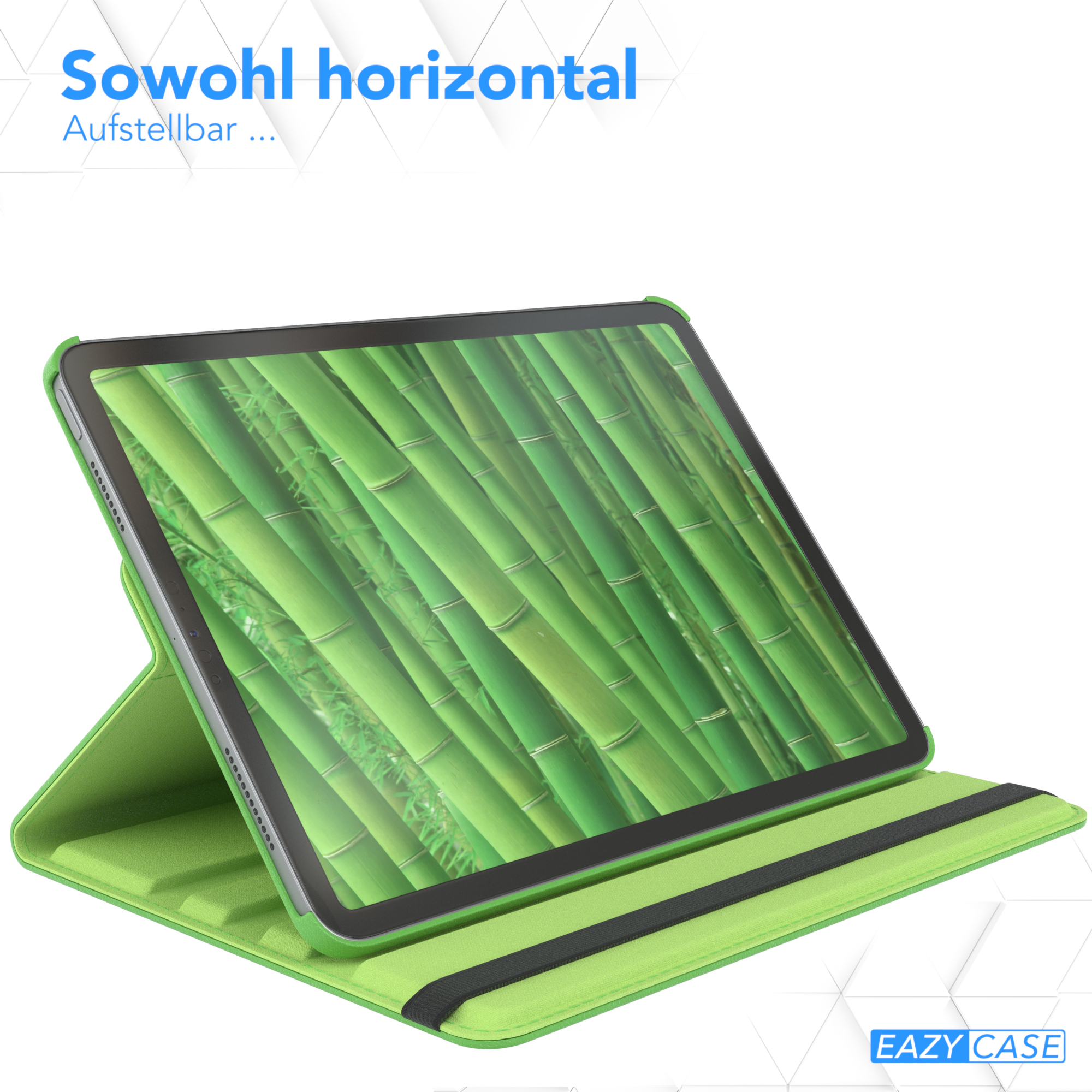Tablet in grüner Hülle, horizontal stehend. Der Bildschirm zeigt einen Bambuswald.