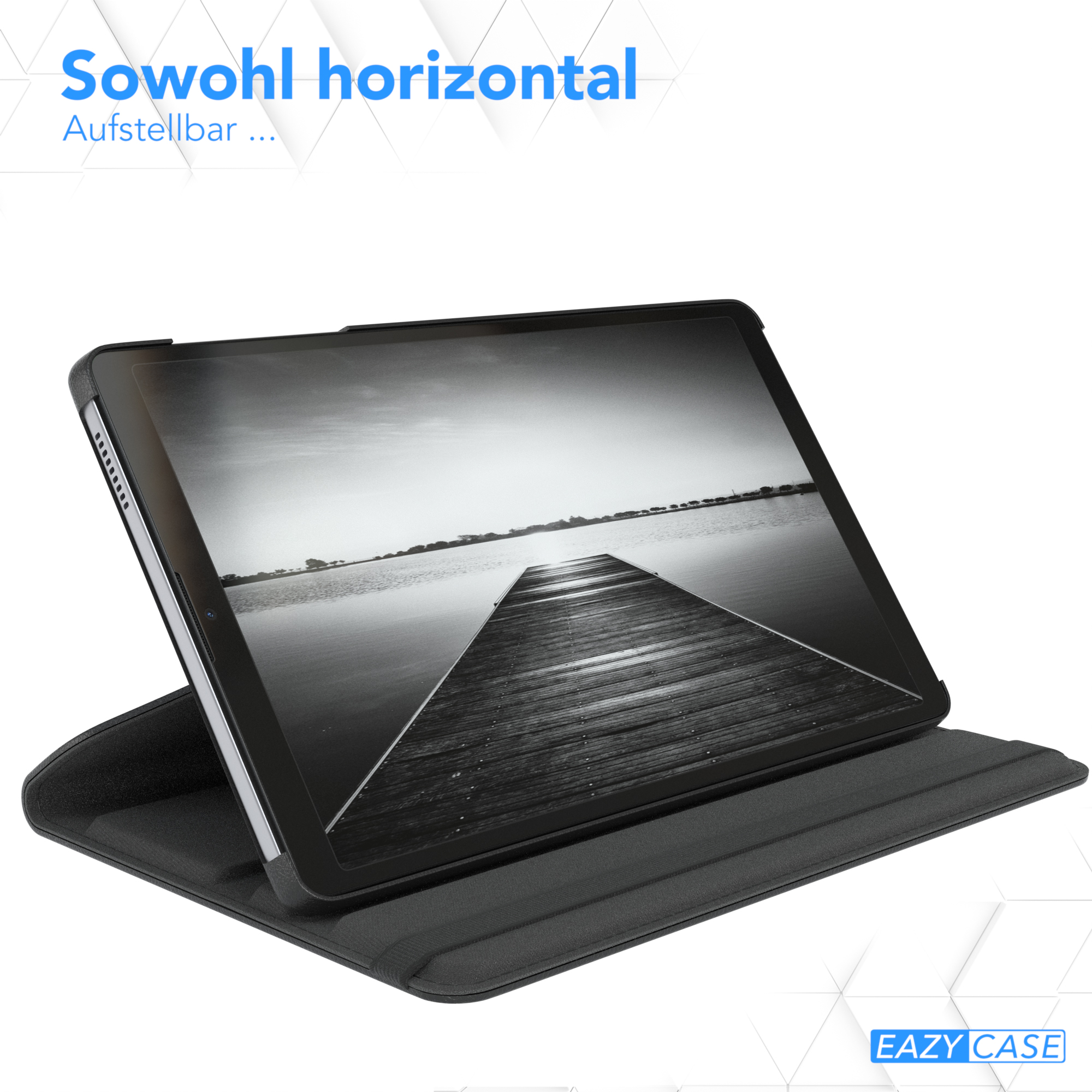 Schwarze Tablet-Hülle mit einem Schwarzweißbild.