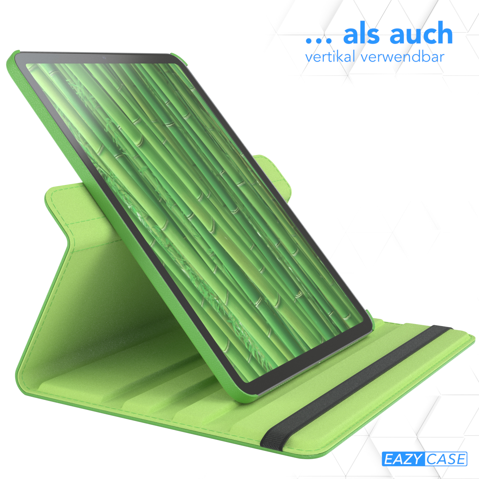 Grüne Tablet-Hülle mit Bambushintergrund, in vertikaler Position.
