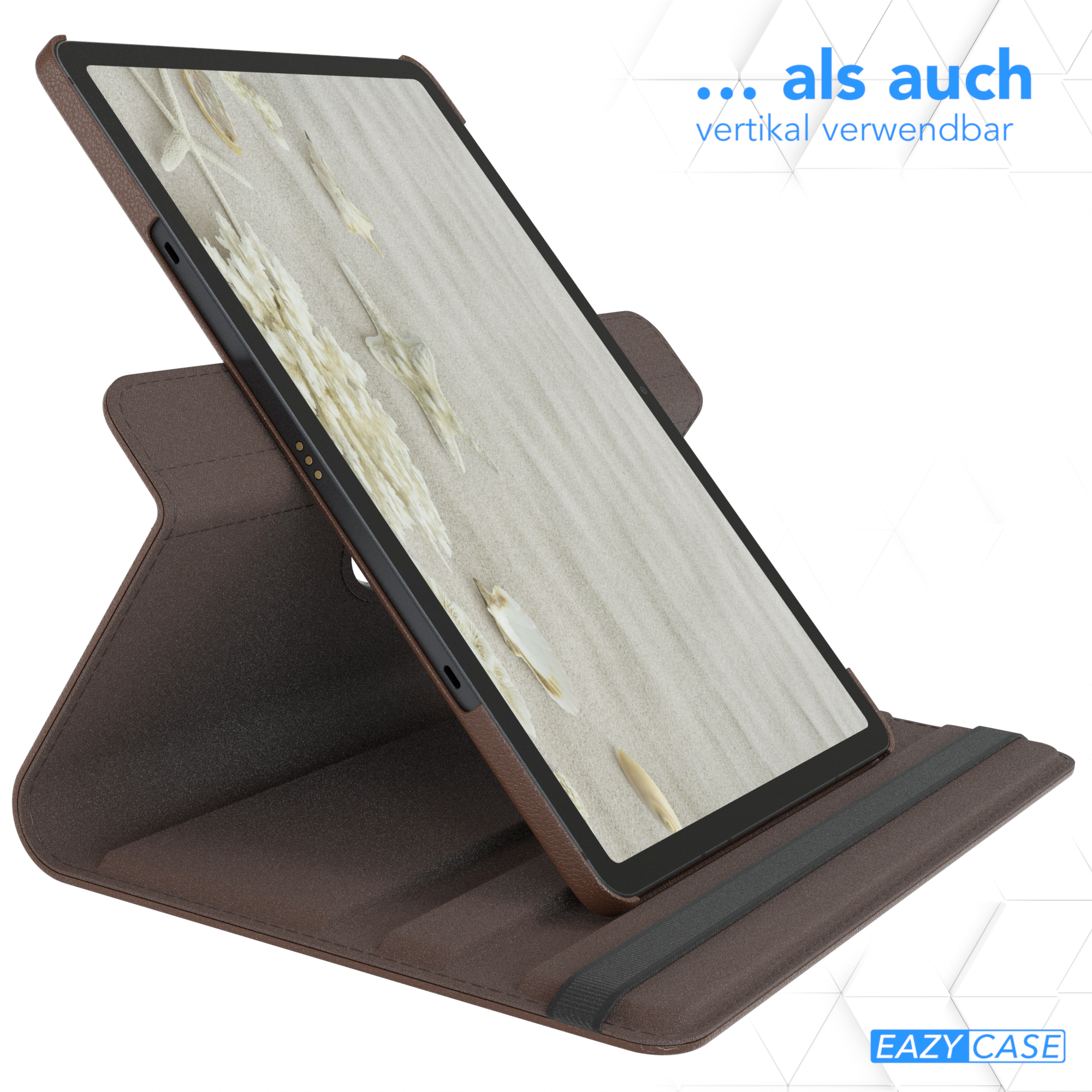 Tablet in brauner Hülle, aufrecht stehend.
