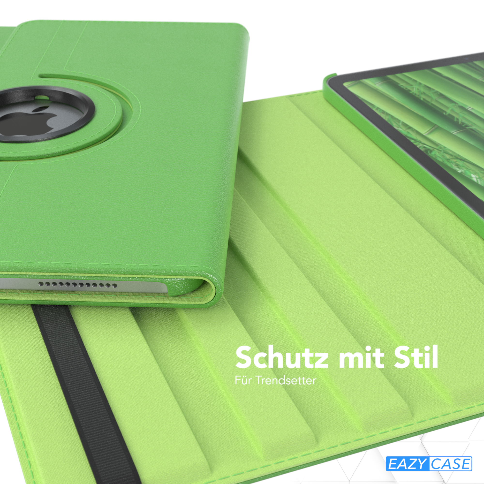 Grüne Tablethülle, geöffnet, zeigt das Innere mit grünen und hellgrünen Farben, mit Text: Schutz mit Stil.
