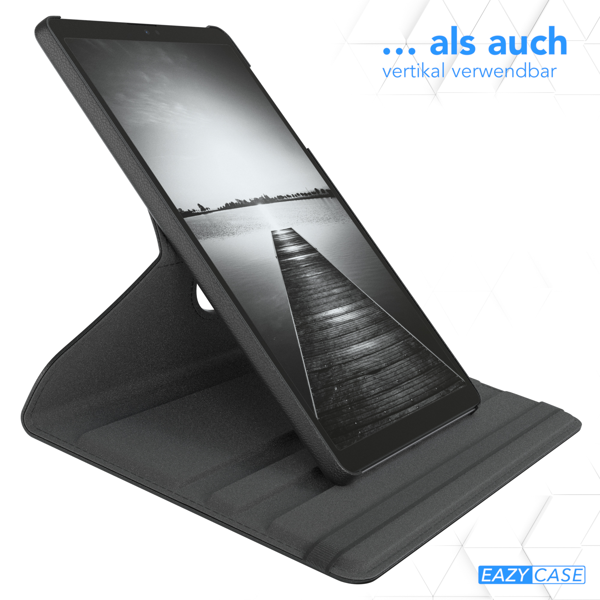 Tablet in dunkler grauer Hülle. Hülle hat einen Ständer. Der Bildschirm zeigt eine Schwarz-Weiß-Pier-Szene.