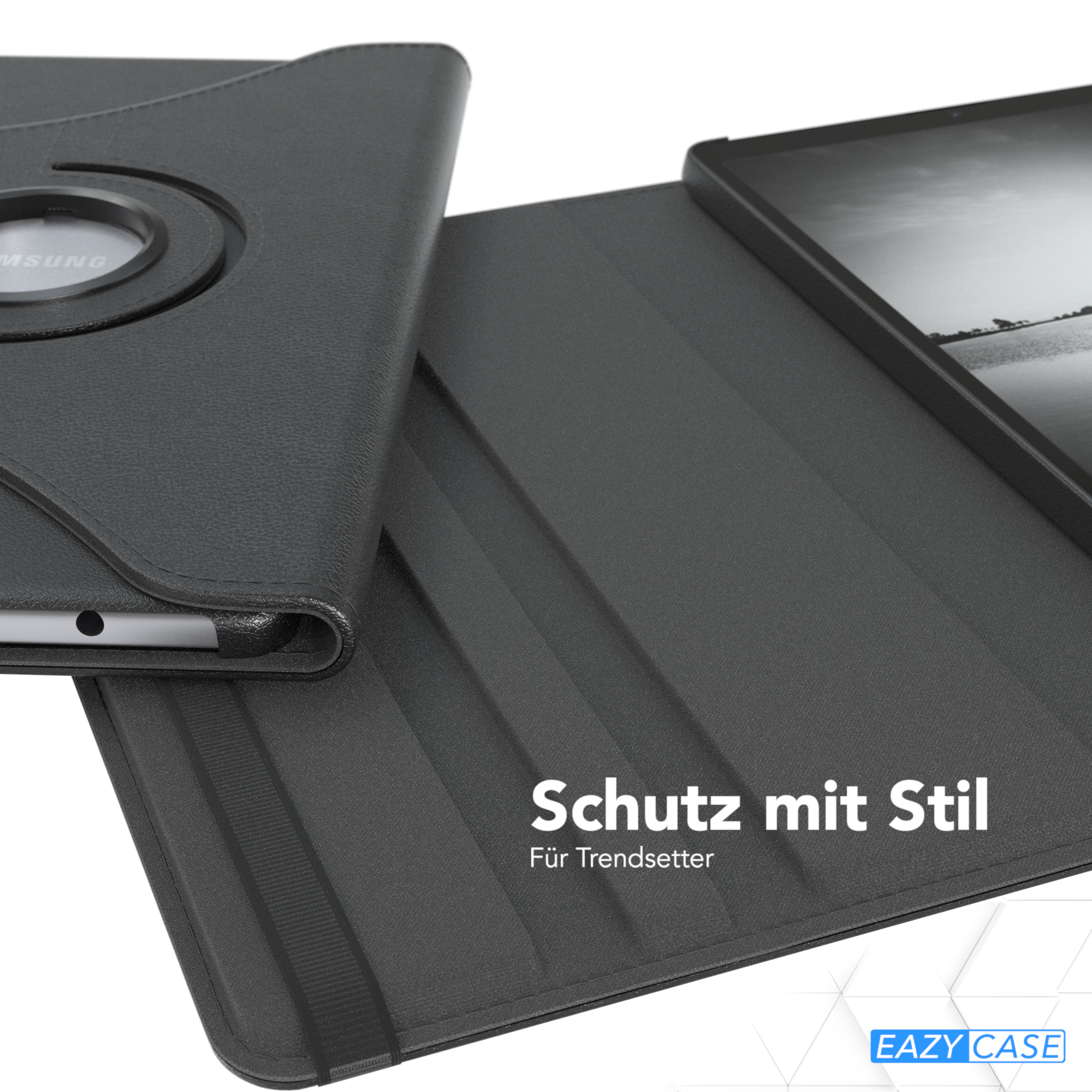 Eine schwarze Tablethülle ist geöffnet. Das Tablet ist teilweise sichtbar. Die Hülle ist aus schwarzem Leder.