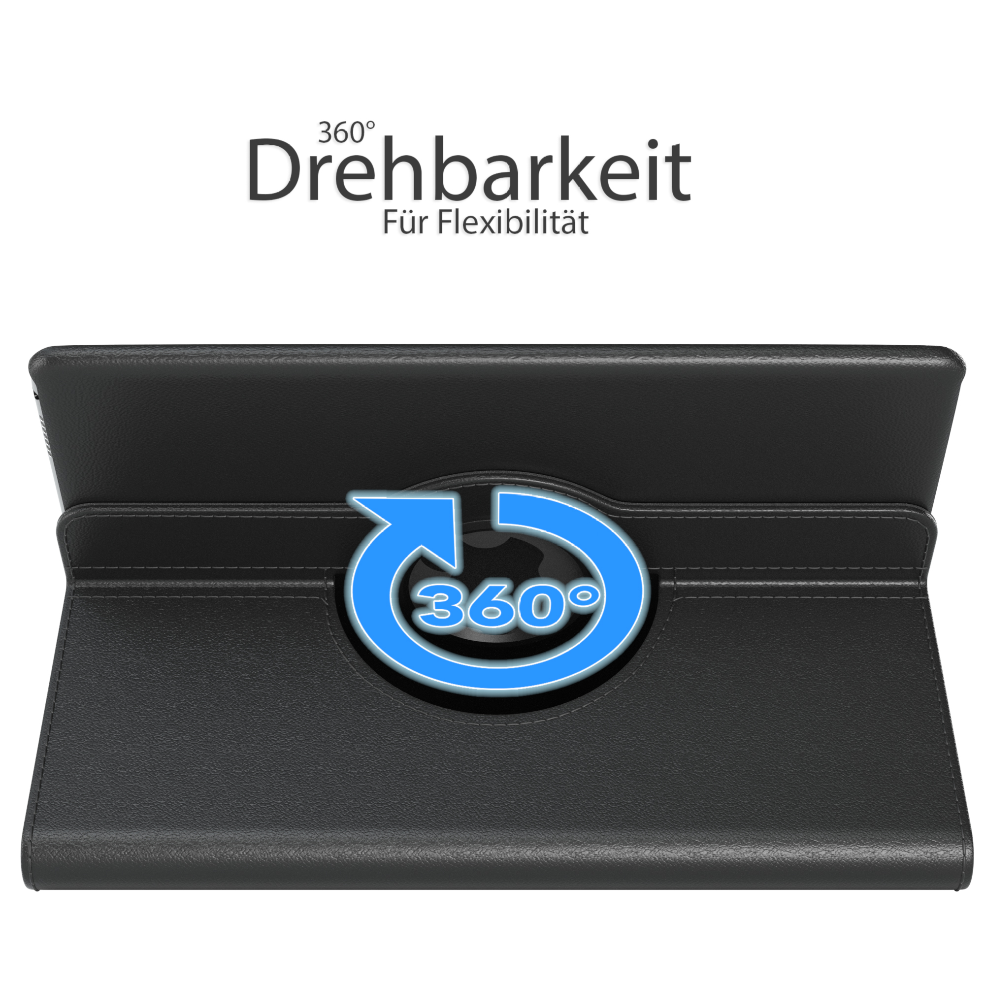 Schwarze Tablet-Hülle mit 360-Grad-Drehungssymbol.