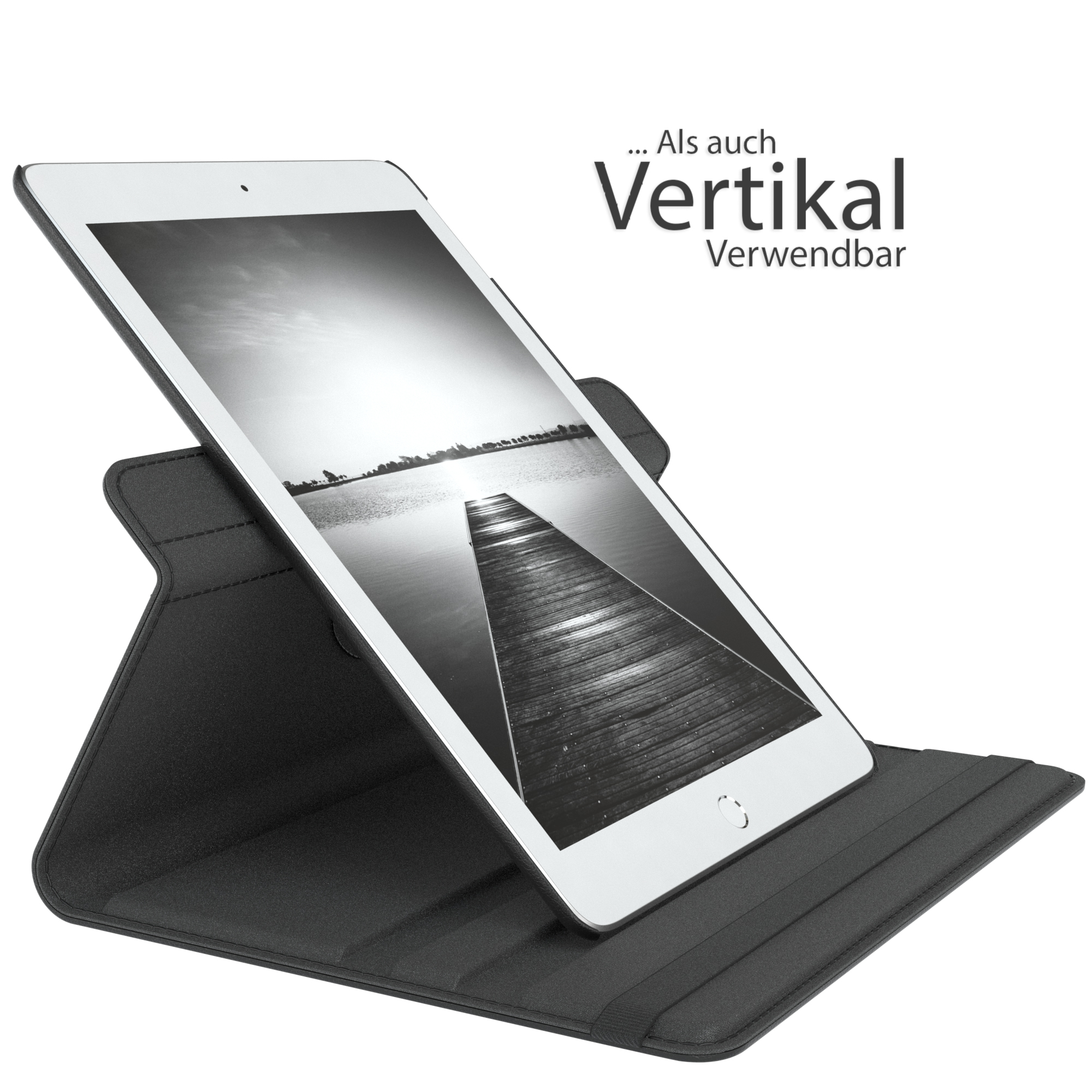 Tablet in schwarzer Hülle, vertikale Nutzung, Dockansicht.