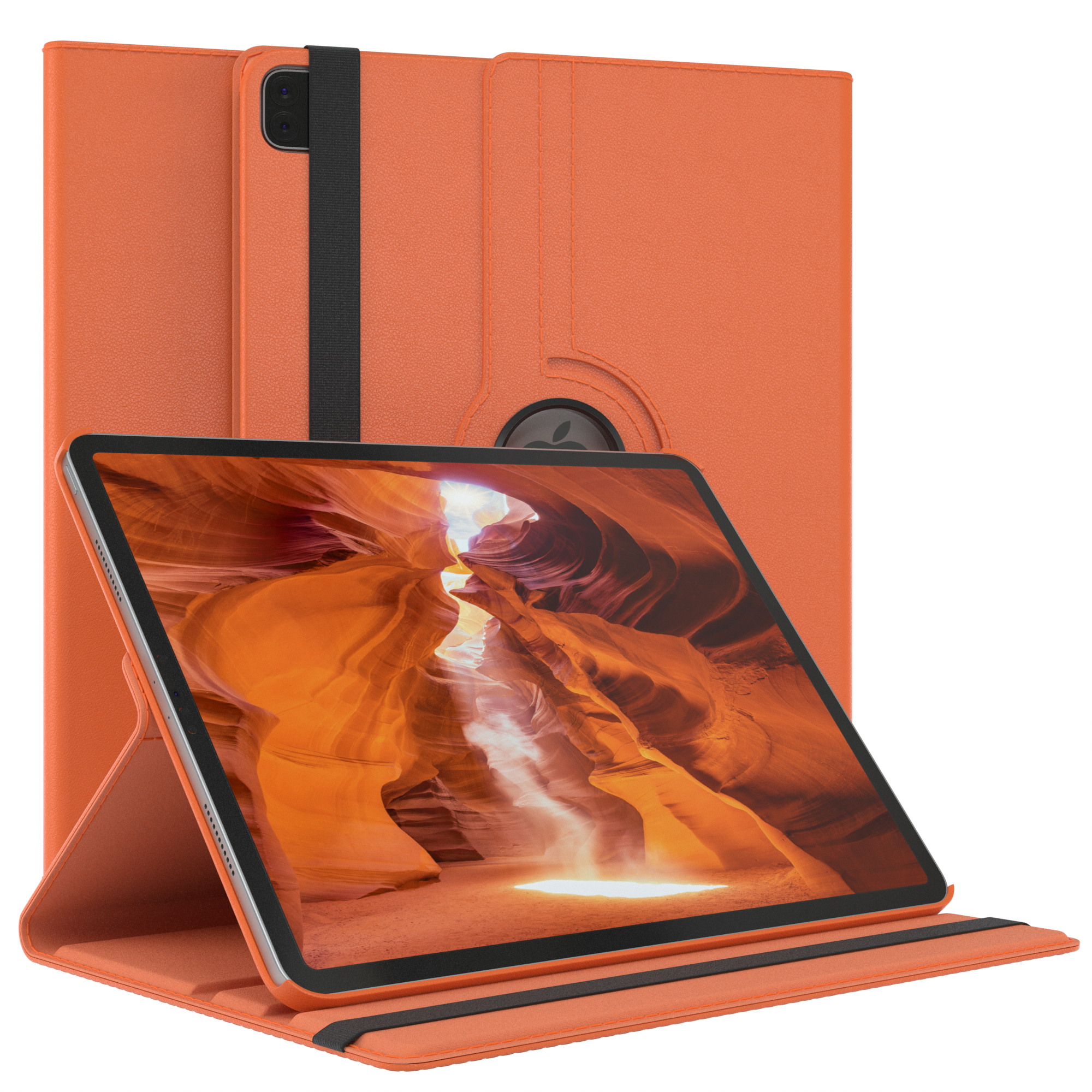 Ein oranges Tablet in einer Hülle mit Ständer. Das Tablet zeigt eine Canyon-Szene. Die Hülle ist hinten geschlossen.